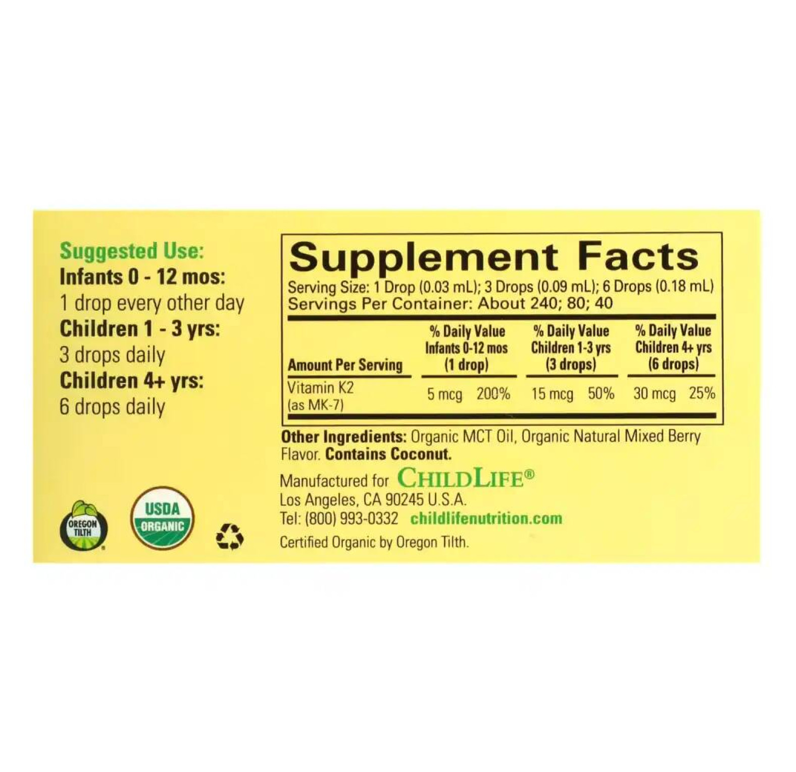 ChildLife Essentials, органический витамин K2 в каплях, натуральный ягодный вкус, 5 мкг, 7,5 мл (0,25 жидк. унции)