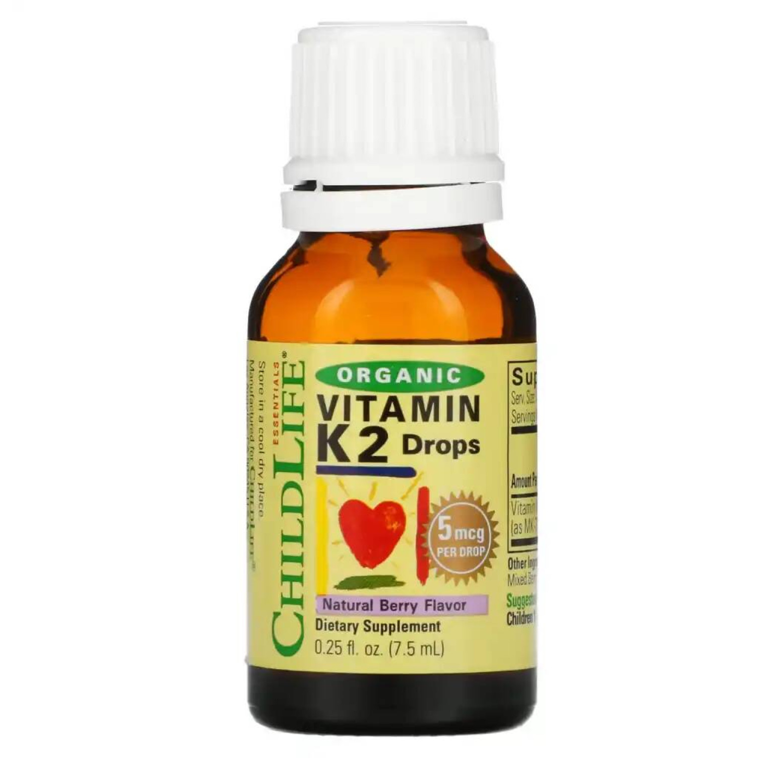 ChildLife Essentials, органический витамин K2 в каплях, натуральный ягодный вкус, 5 мкг, 7,5 мл (0,25 жидк. унции)