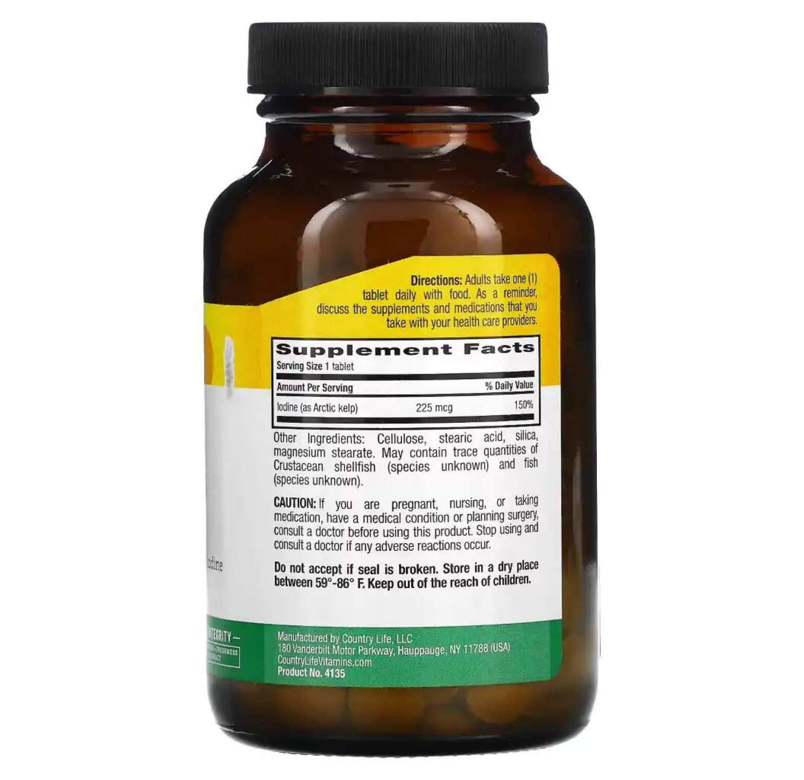 Country Life, Arctic-Kelp, арктические бурые водоросли, 225 мкг, 300 таблеток