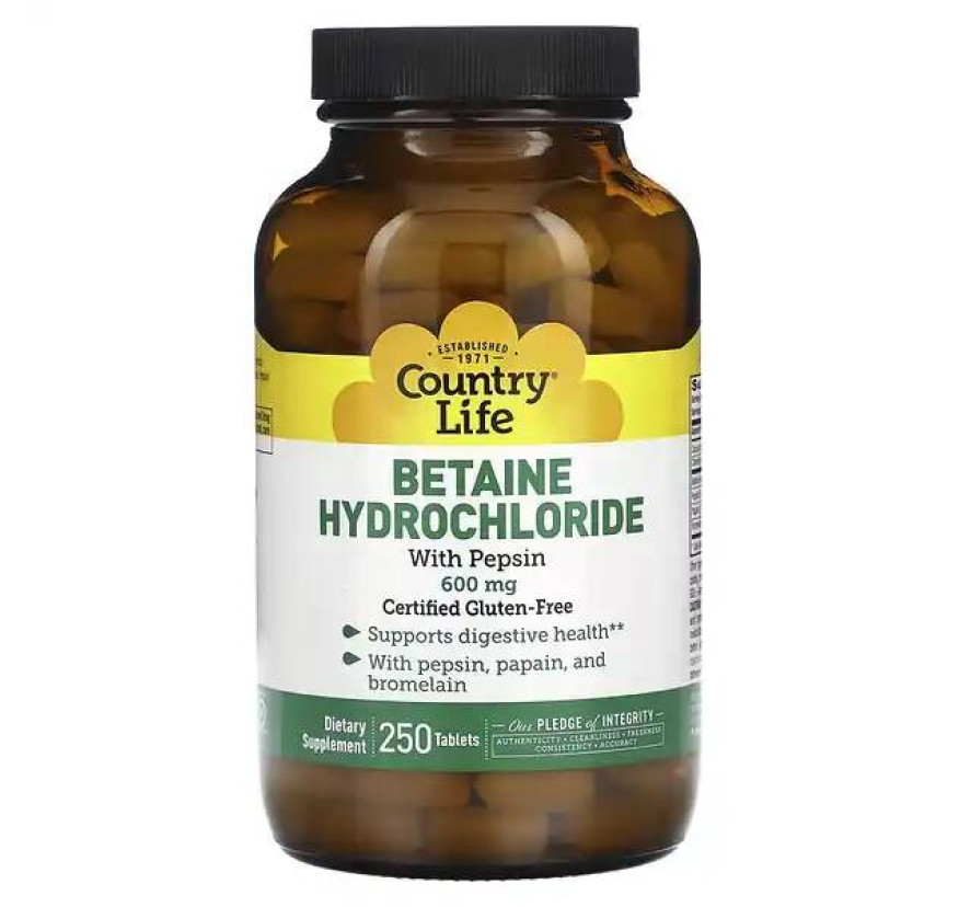 Country Life, гидрохлорид бетаина с пепсином, 600 мг, 250 таблеток