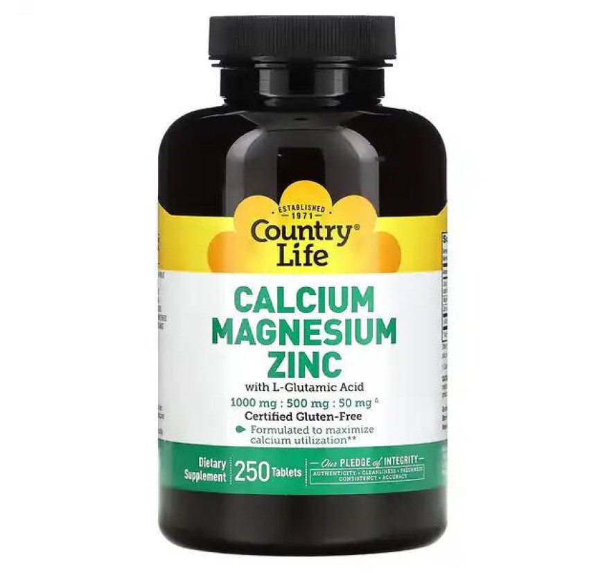 Country Life, кальций, магний и цинк, 250 таблеток
