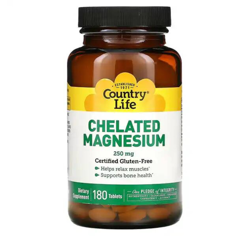 Country Life, магний в хелатной форме, 250 мг, 180 таблеток