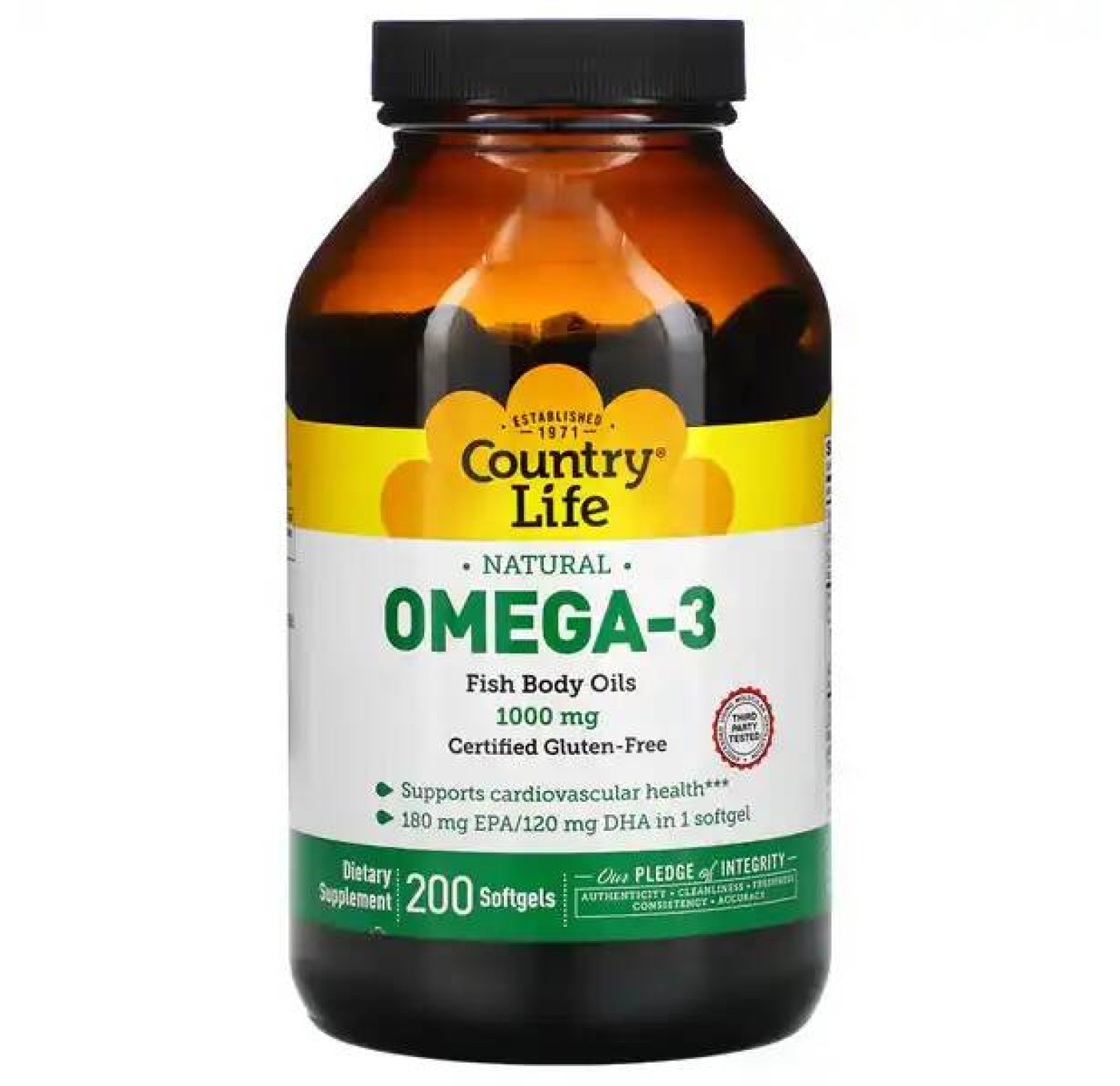 Country Life, омега-3, 1000 мг, 200 мягких таблеток