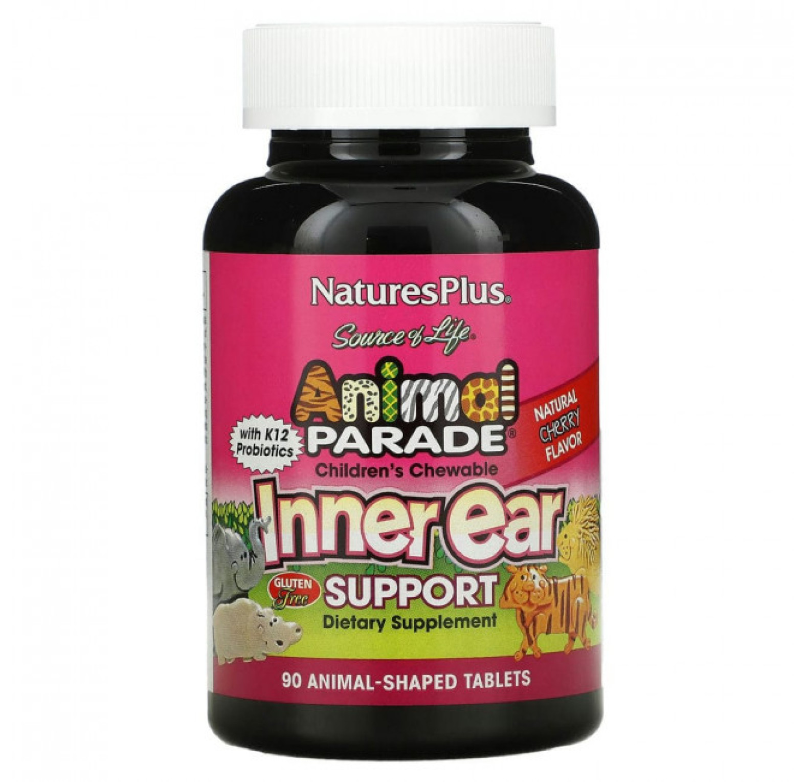 NaturesPlus, Source of Life, Animal Parade, детские жевательные таблетки для поддержания здоровья внутреннего уха, со вкусом натуральной вишни, 90 таблеток в форме животных