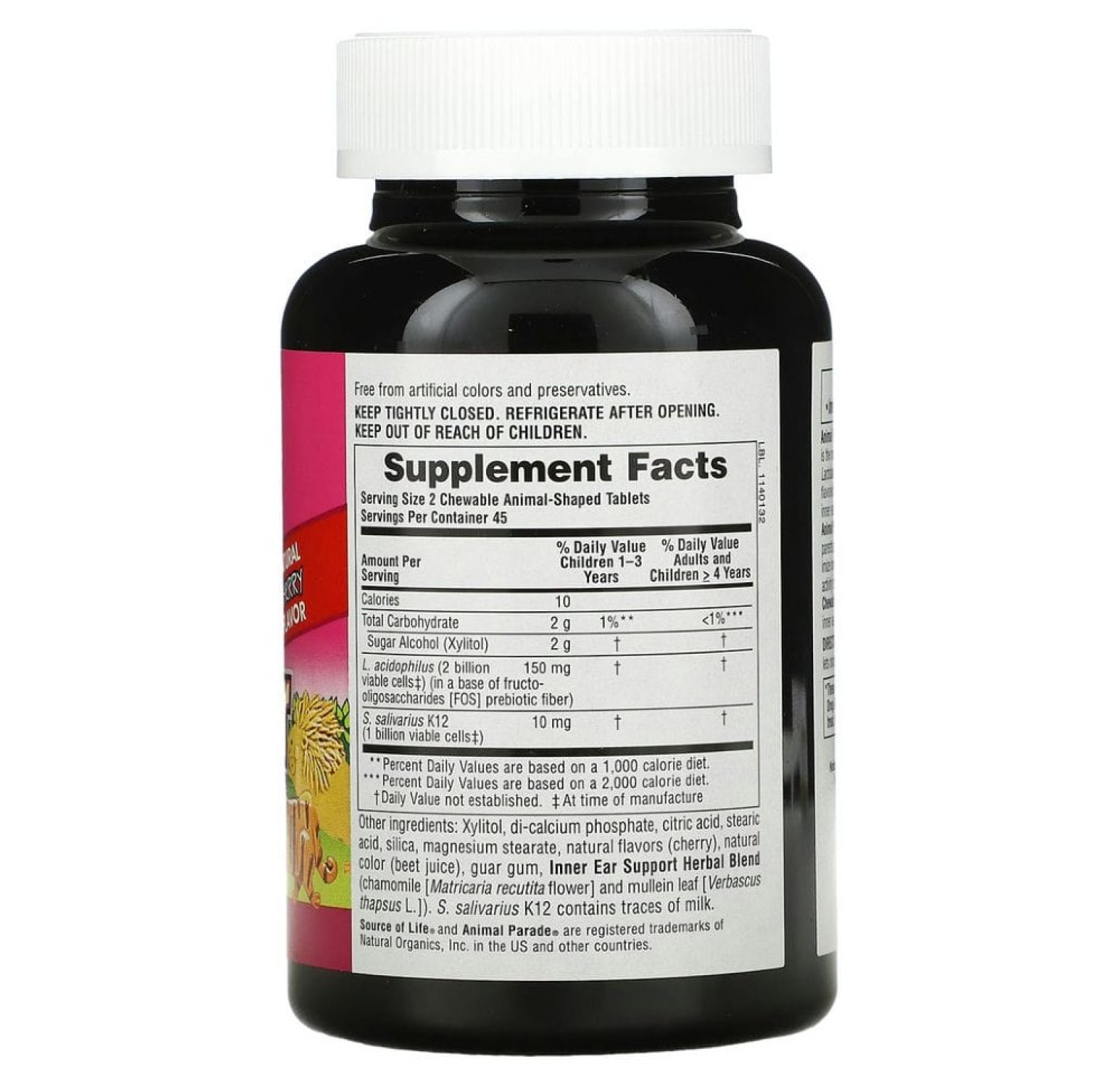 NaturesPlus, Source of Life, Animal Parade, детские жевательные таблетки для поддержания здоровья внутреннего уха, со вкусом натуральной вишни, 90 таблеток в форме животных