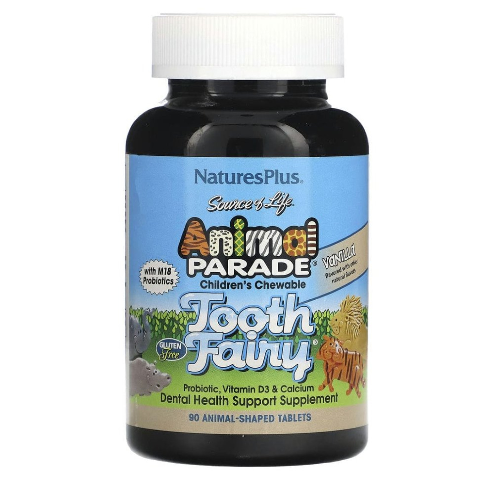 NaturesPlus, Source of Life, Animal Parade, детский жевательный пробиотик от зубной феи с пробиотиками M18, натуральный вкус ванили, 90 таблеток в форме животных
