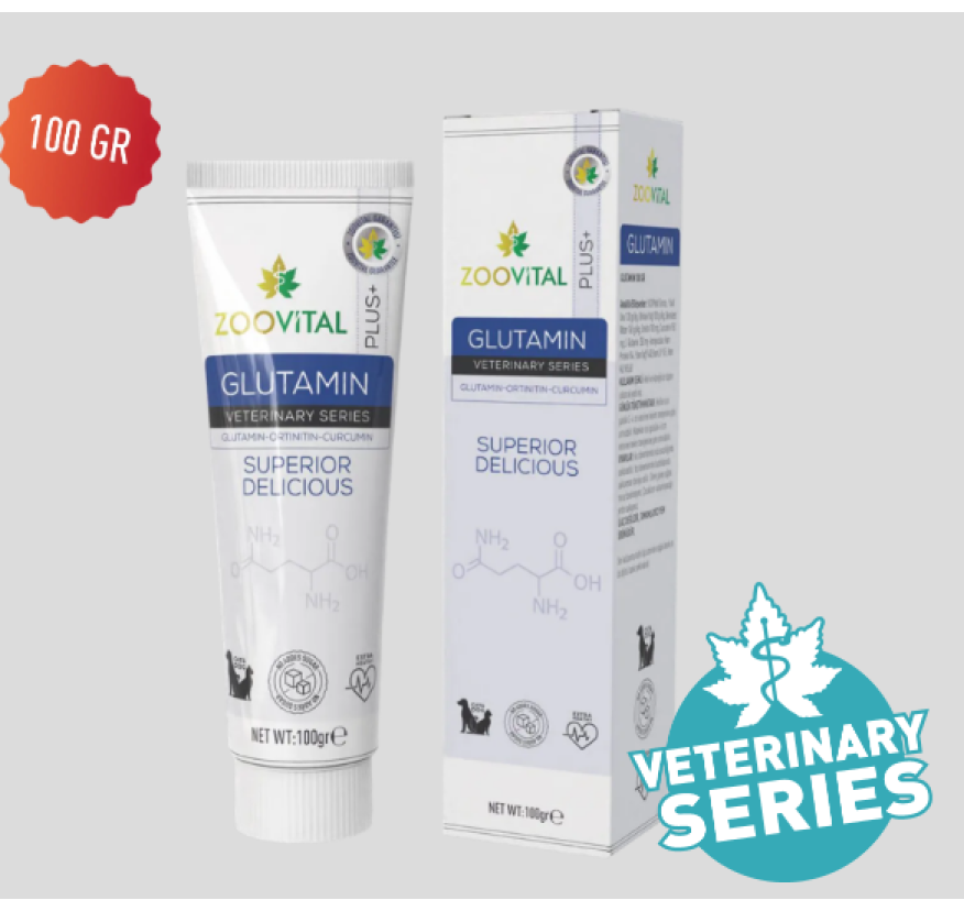 Zoovital Plus+, Glutamin, Кормовая добавка с глютамином для кошек и собак, 100 гр