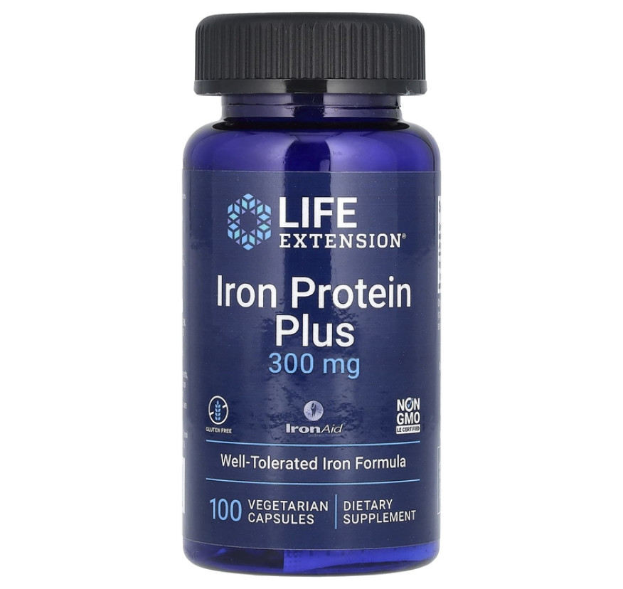 Life Extension, Iron Protein Plus, IronAid, железо плюс белок, 300 мг, 100 растительных капсул