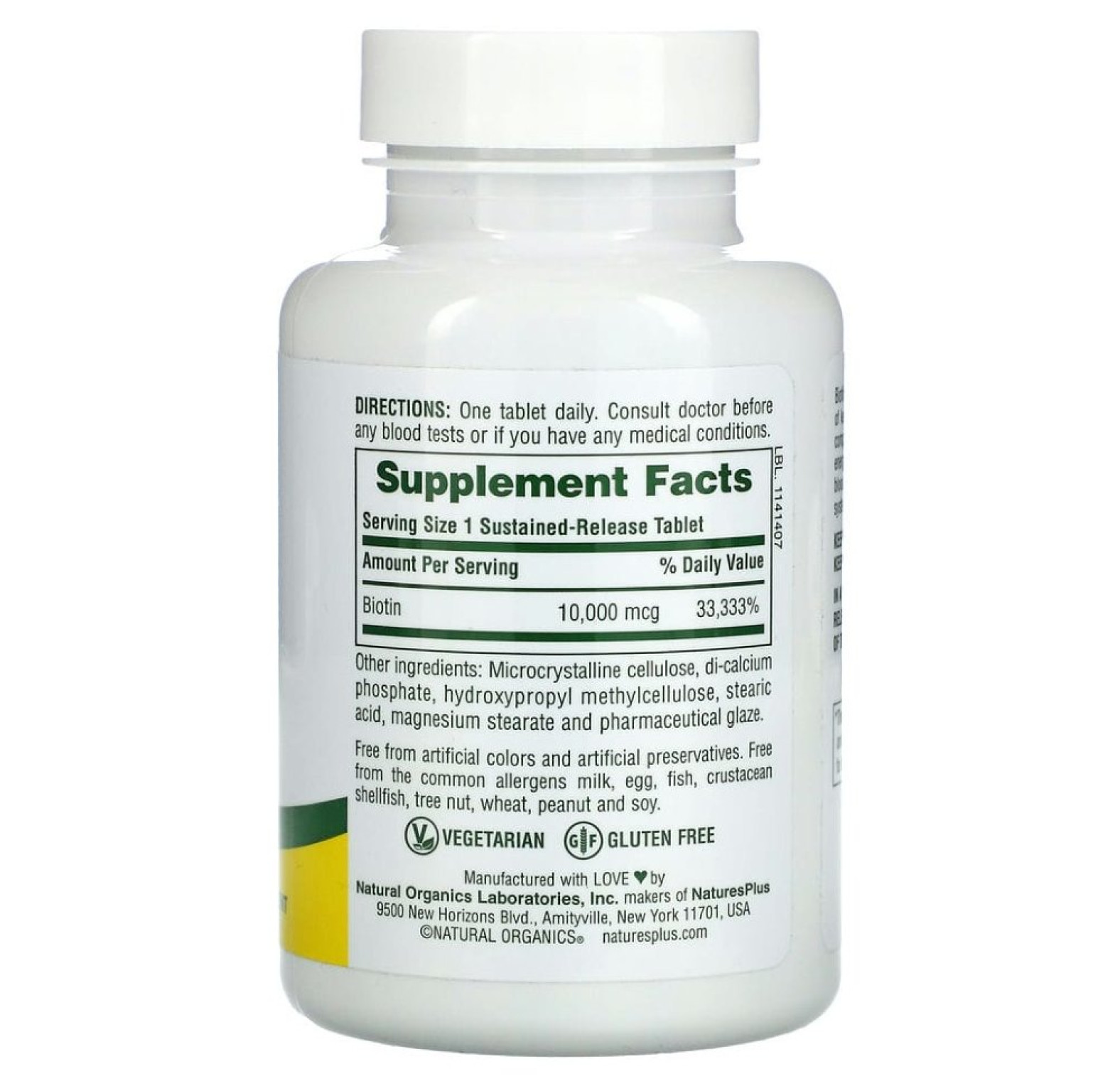 NaturesPlus, биотин, длительное высвобождение, 10 000 мкг, 90 таблеток