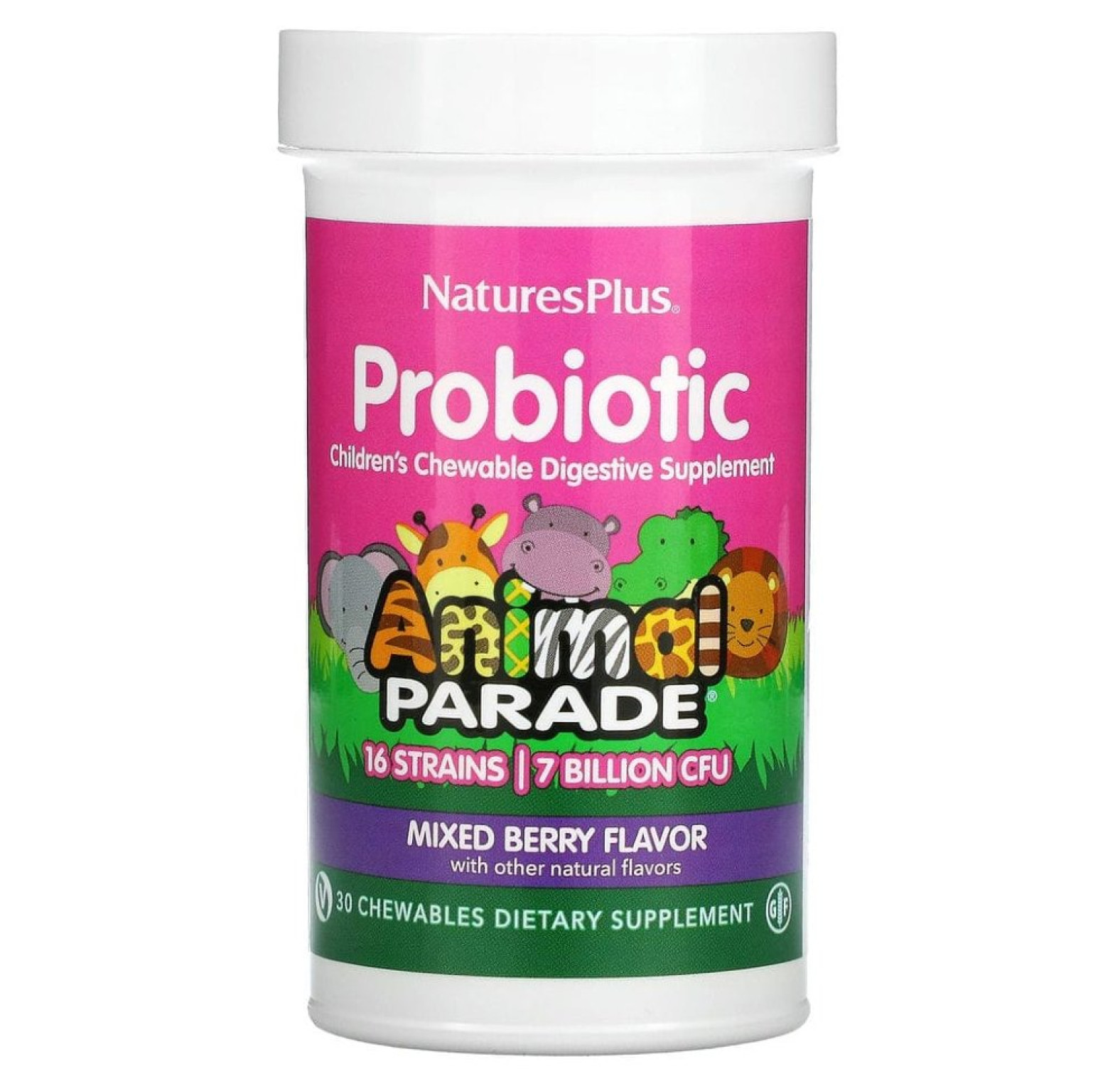 NaturesPlus, Пробиотик, детская жевательная пищеварительная добавка, ягодное ассорти, 30 жевательных таблеток