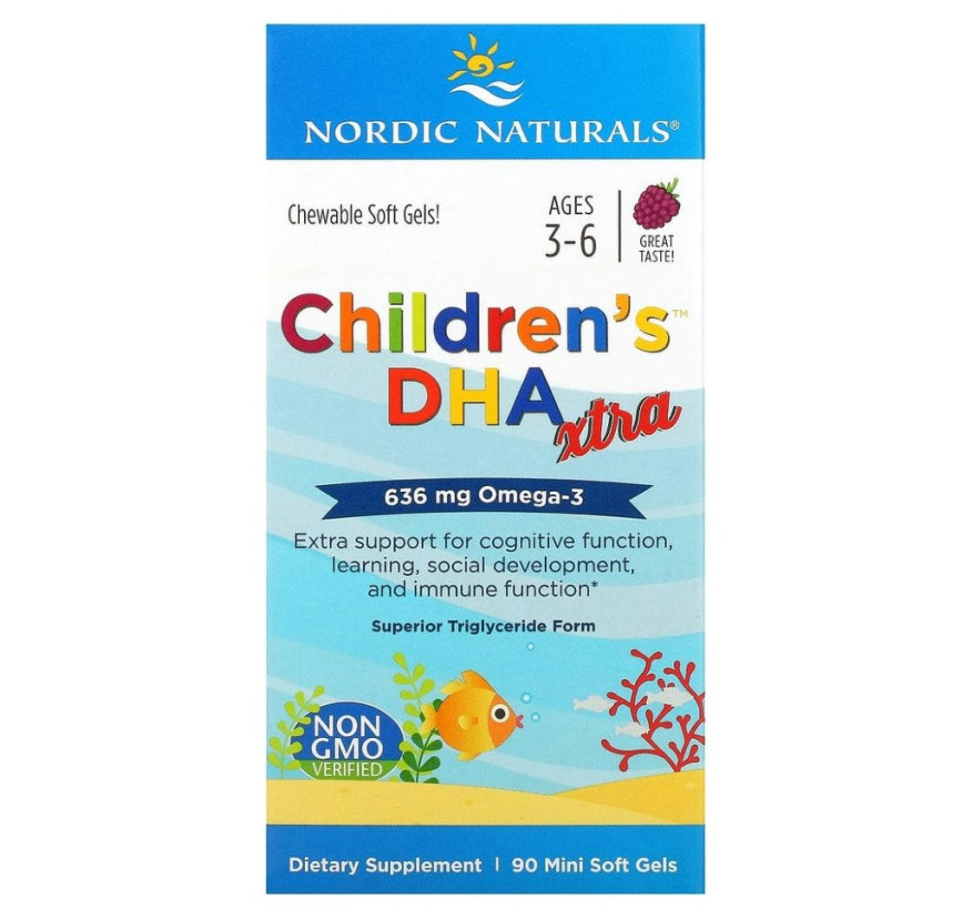 Nordic Naturals, Children's DHA Xtra, для детей от 3 до 6 лет, ягодный вкус, 636 мг, 90 мини-таблеток