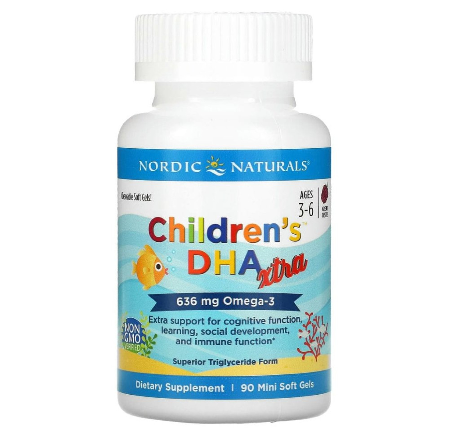 Nordic Naturals, Children's DHA Xtra, для детей от 3 до 6 лет, ягодный вкус, 636 мг, 90 мини-таблеток