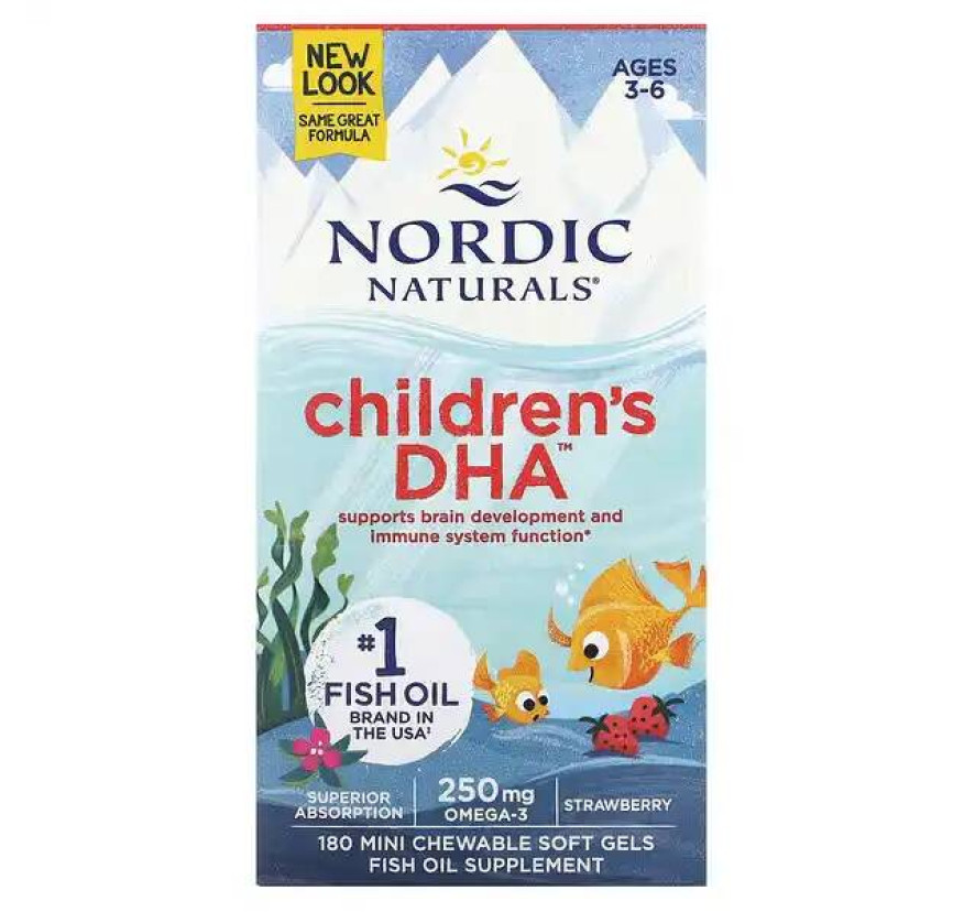 Nordic Naturals, Children's DHA, ДГК для детей, со вкусом клубники, для детей 3–6 лет, 250 мг, 180 мини-капсул