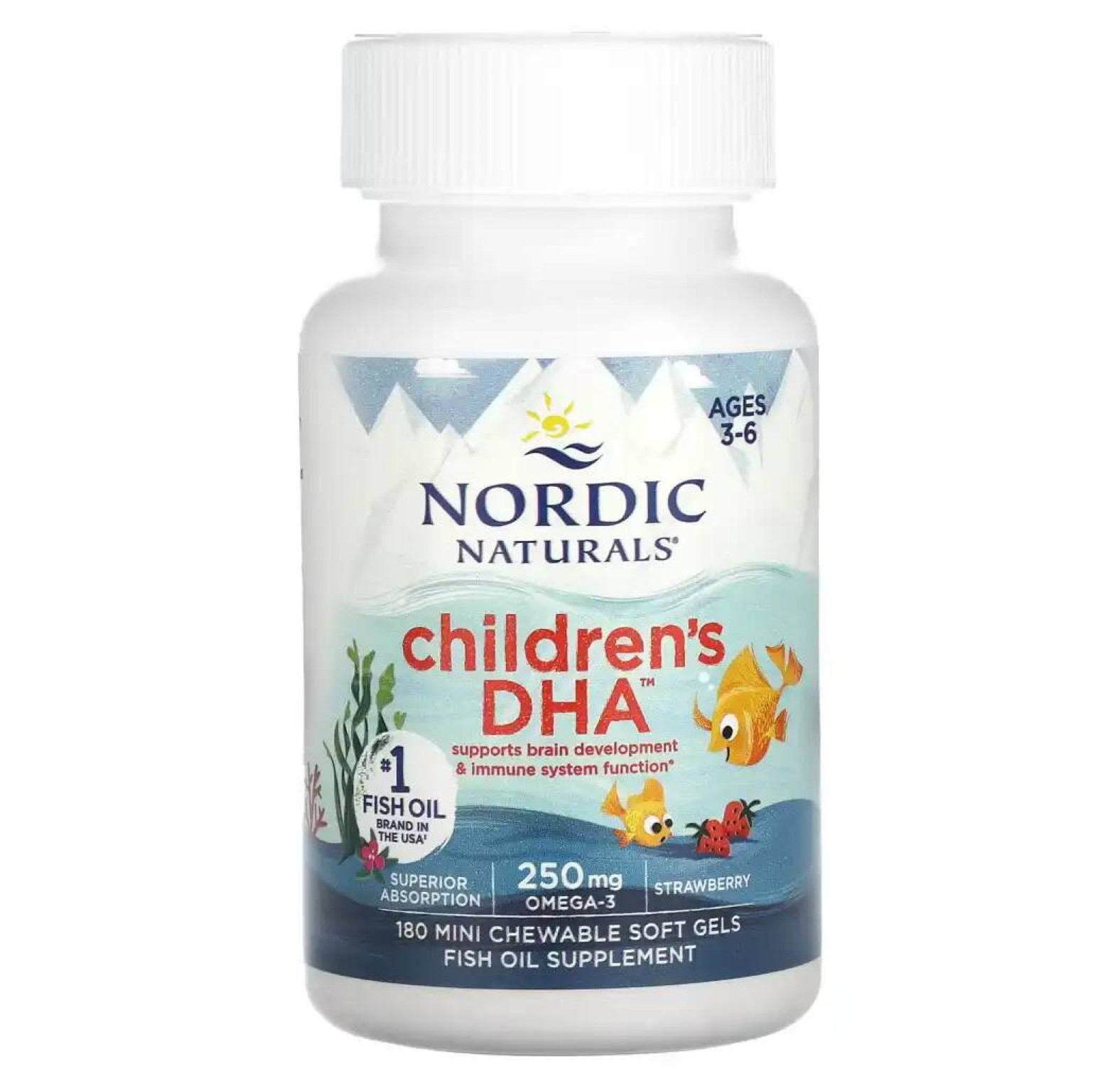 Nordic Naturals, Children's DHA, ДГК для детей, со вкусом клубники, для детей 3–6 лет, 250 мг, 180 мини-капсул