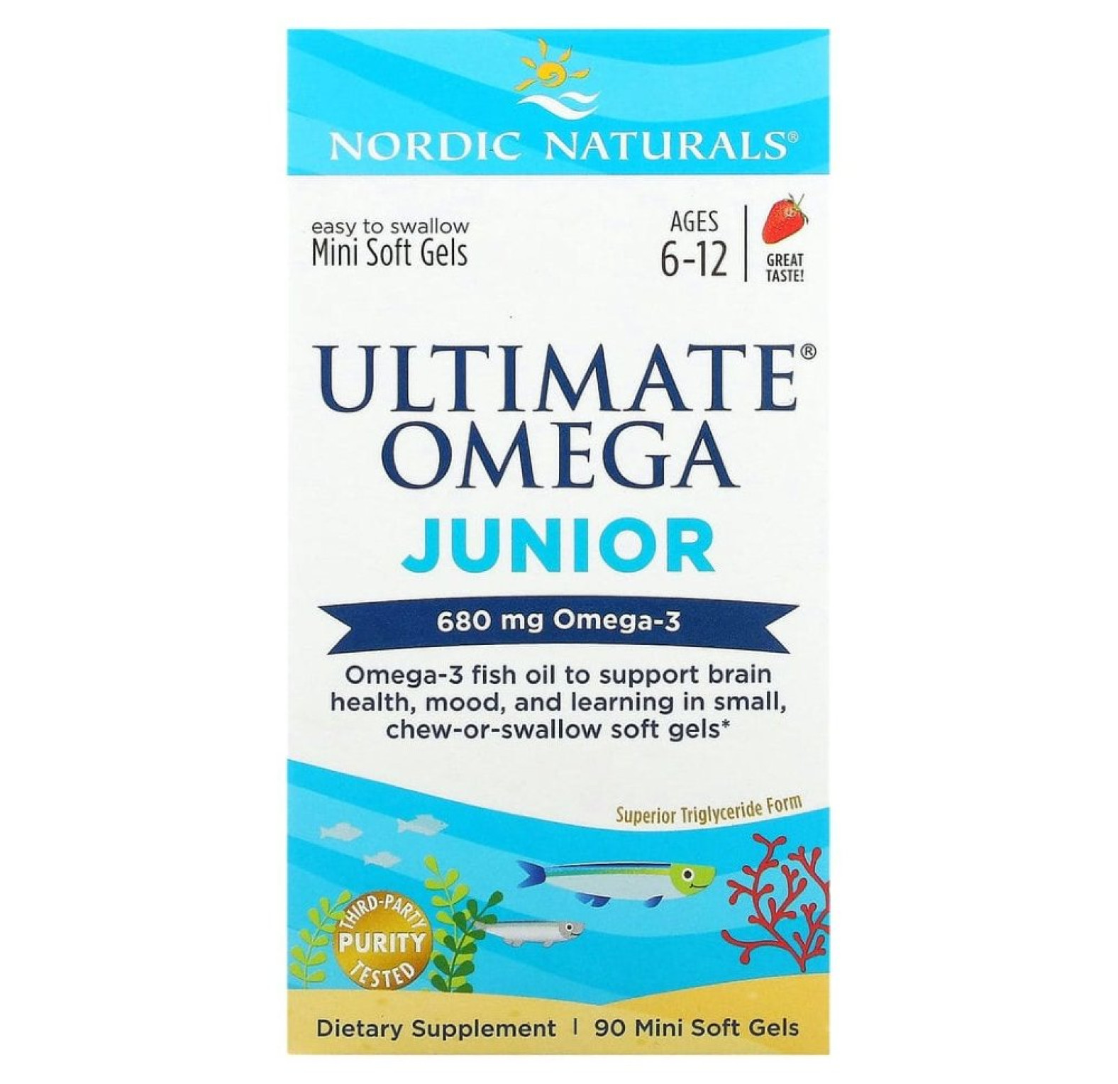 Nordic Naturals, Ultimate Omega Junior, для детей от 6 до 12 лет, со вкусом клубники, 340 мг, 90 мини-капсул