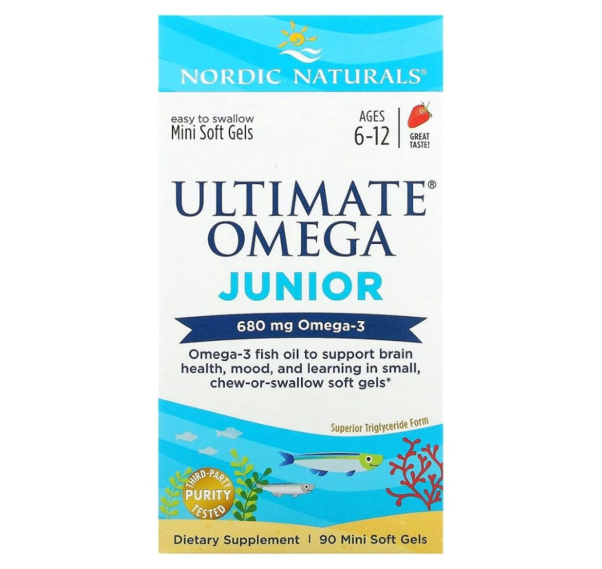 Nordic Naturals, Ultimate Omega Junior, для детей от 6 до 12 лет, со вкусом клубники, 340 мг, 90 мини-капсул