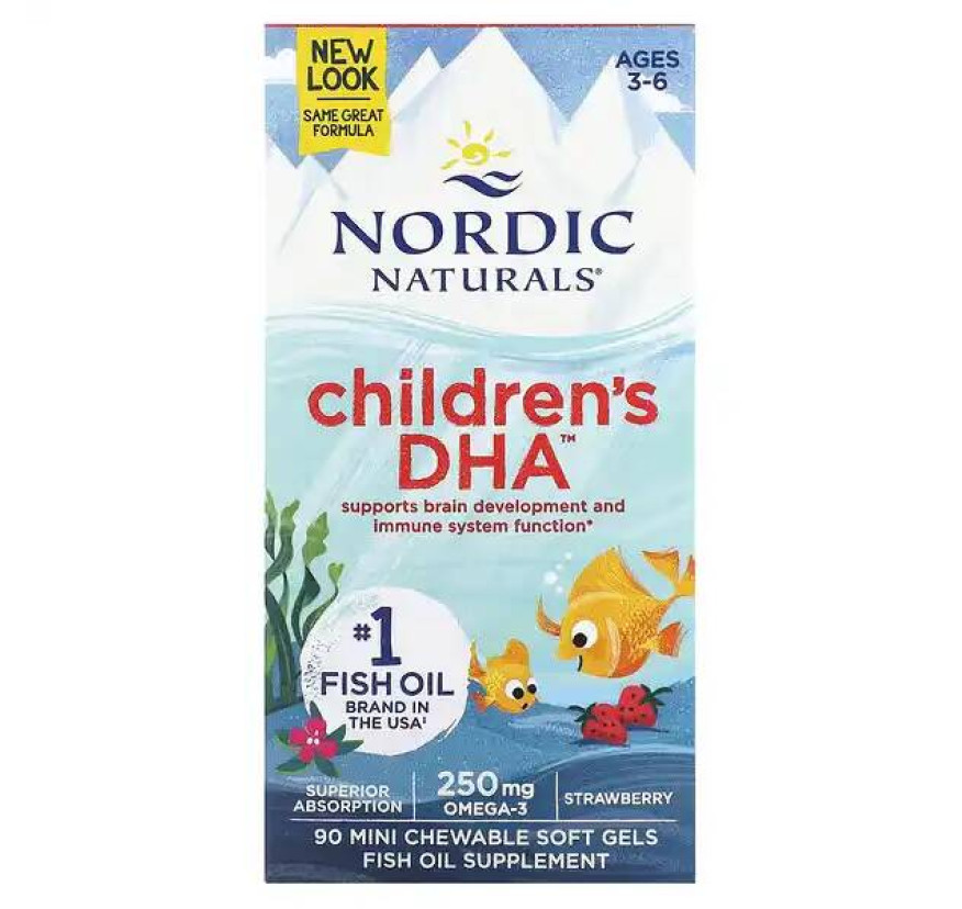 Nordic Naturals, ДГК для детей, клубника, для детей 3–6 лет, 62.5 мг, 90 желатиновых мини-капсул