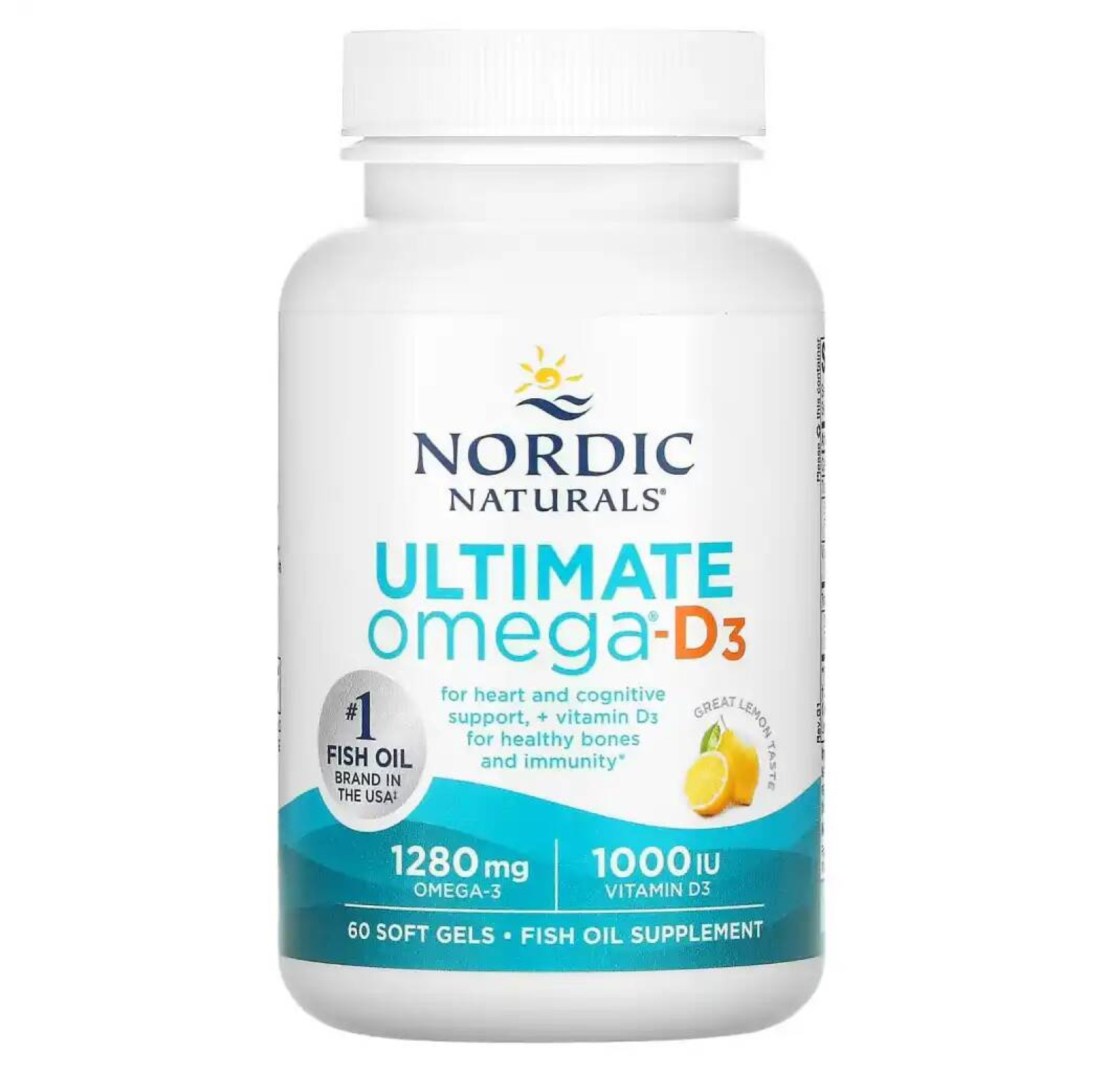 Nordic Naturals, Омега-D3 Ultimate, лимон, 1000 мг, 60 гелевых капсул