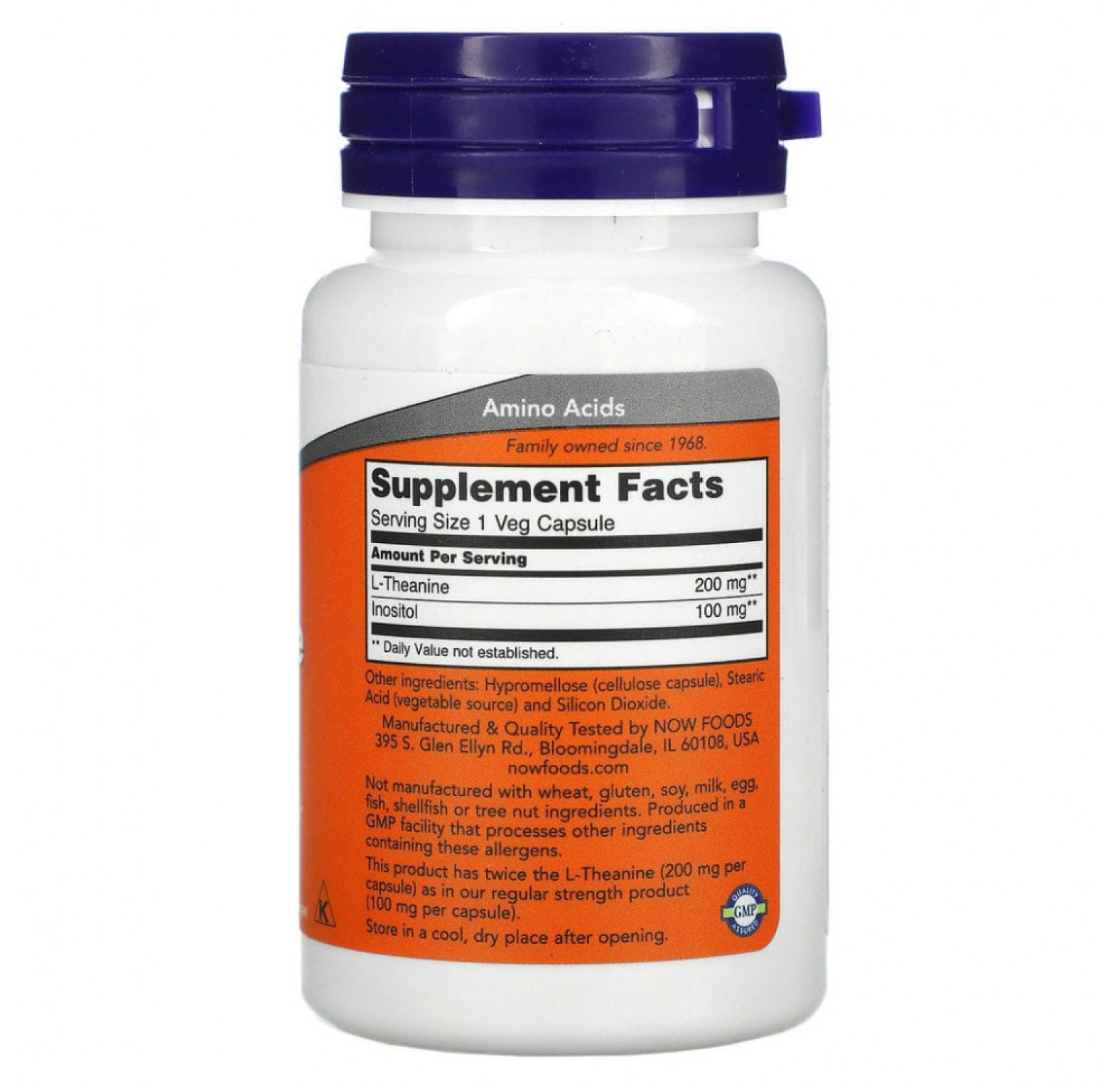 NOW Foods, L-теанин, двойной концентрации, 200 мг, 60 растительных капсул