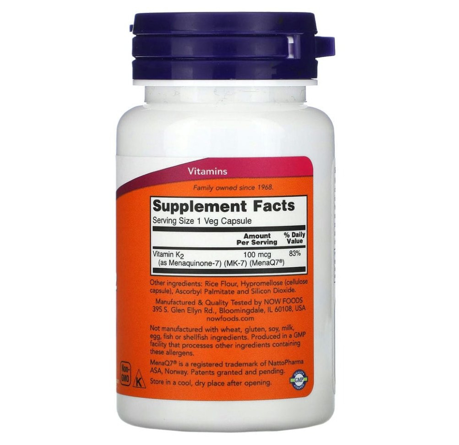 NOW Foods, MK-7, витамин K2, 100 мкг, 60 растительных капсул