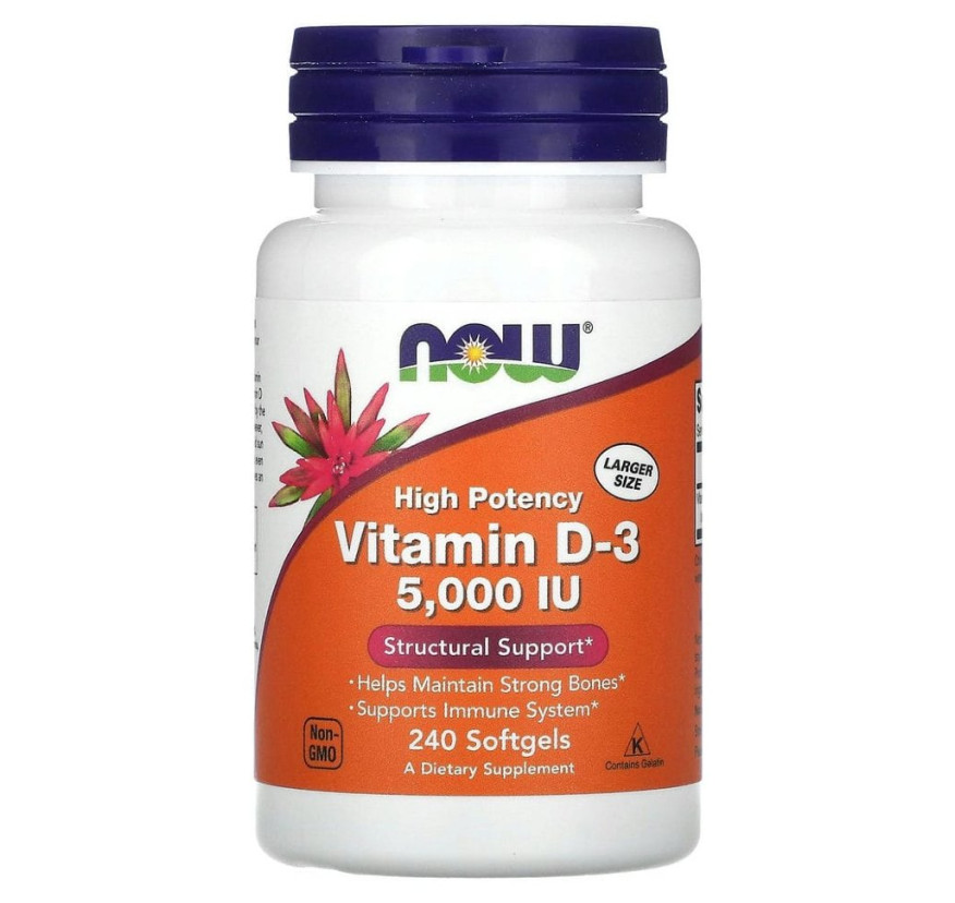 NOW Foods, Витамин D3, высокая эффективность, 125 мкг (5000 МЕ), 240 мягких таблеток