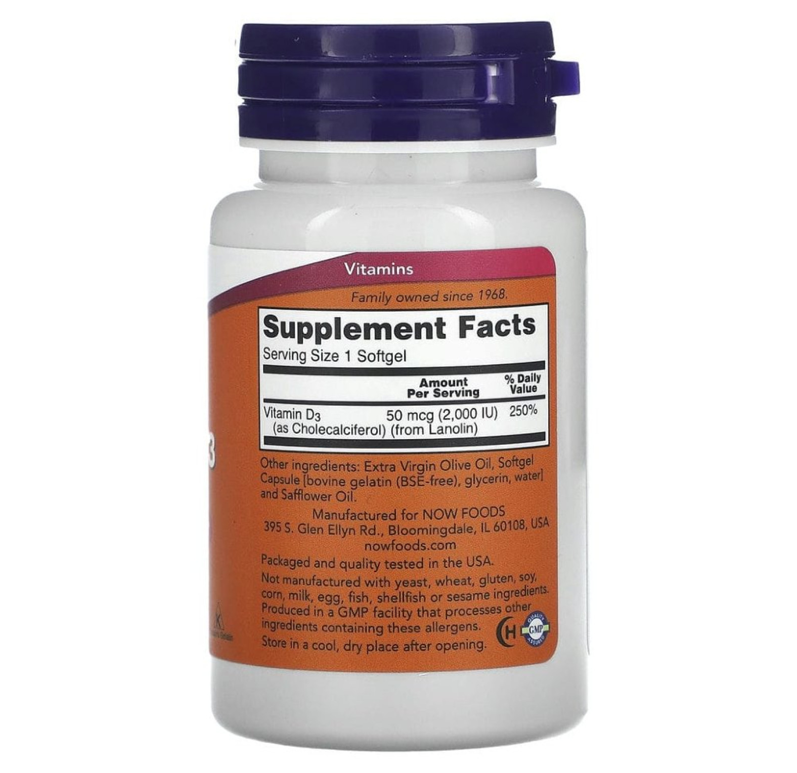 NOW Foods, витамин D3, высокоактивный, 50 мкг (2000 МЕ), 120 капсул