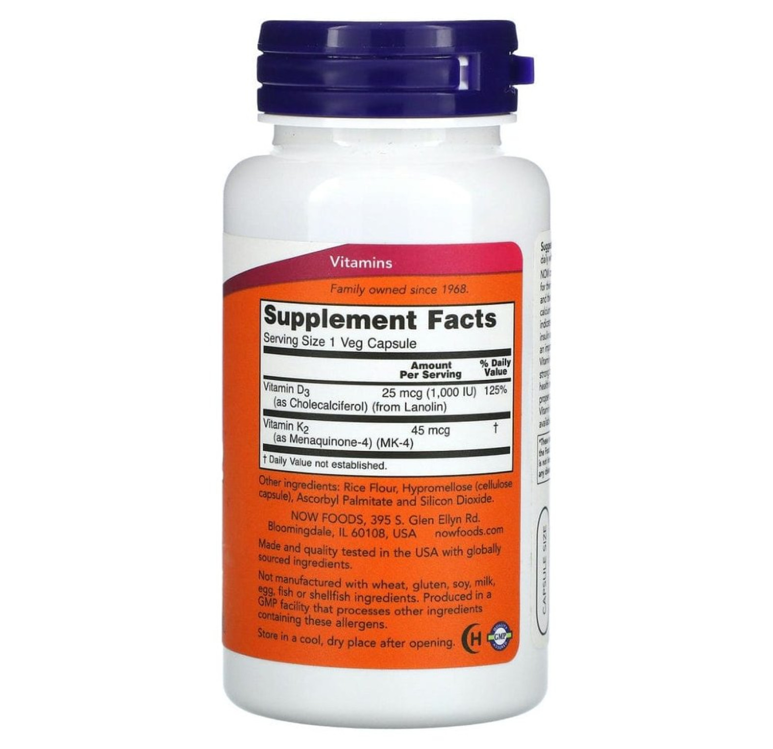 NOW Foods, витамины D3 и K2, 120 растительных капсул