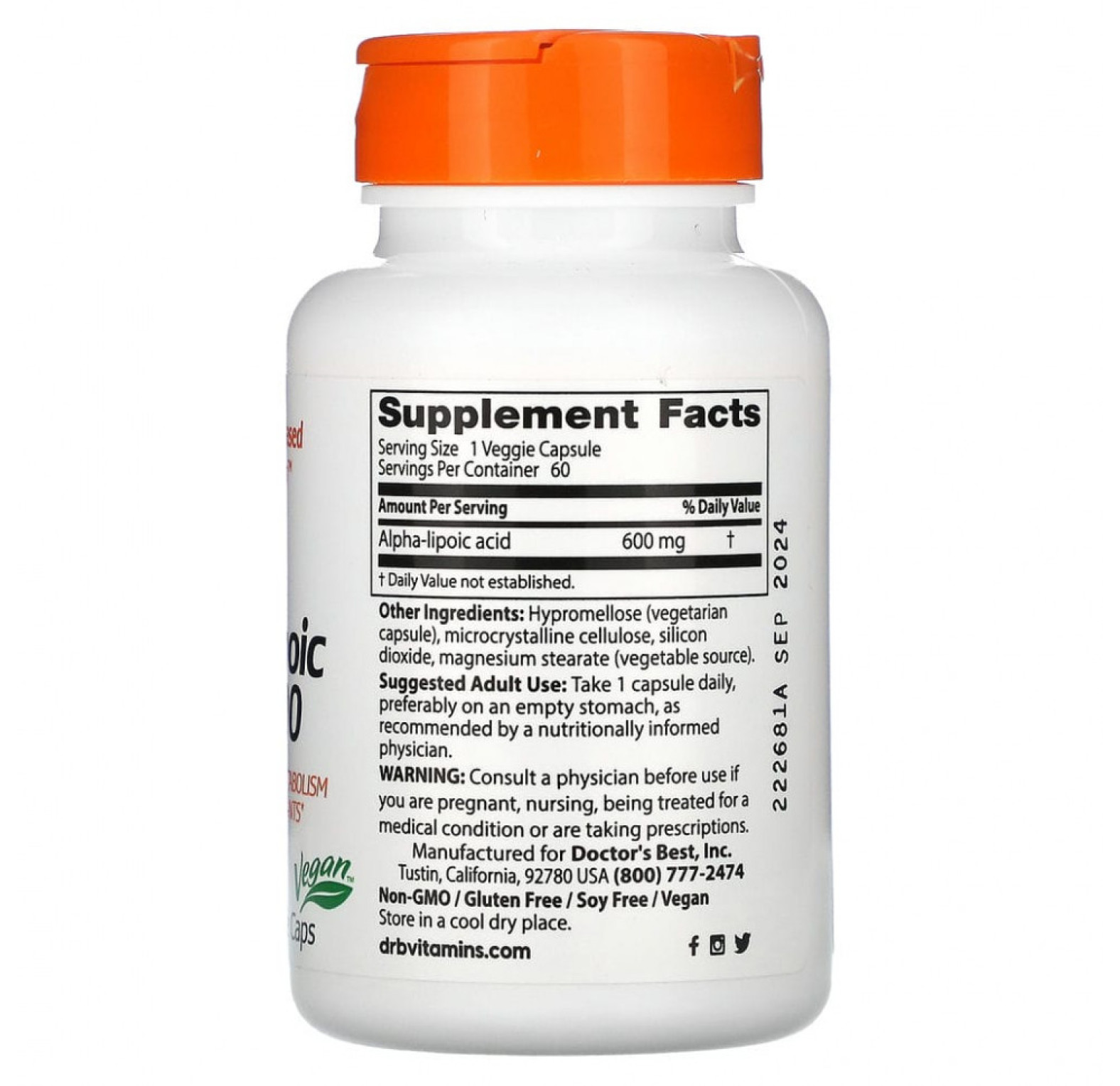 Doctor's Best, Альфа-липоевая кислота 600, 600 мг, 60 растительных капсул