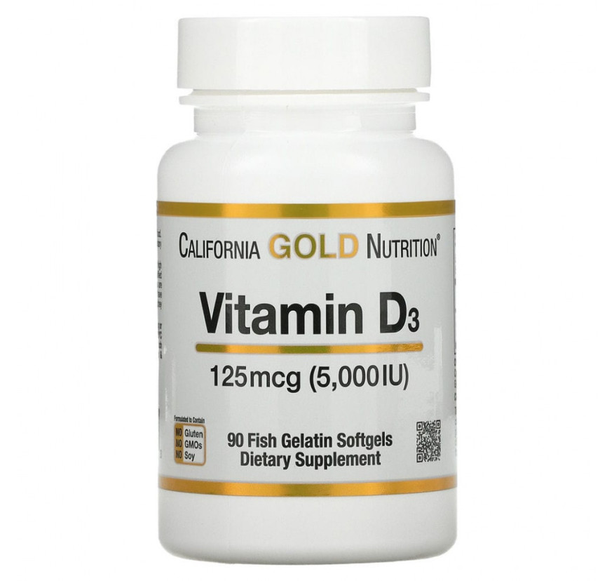 California Gold Nutrition, витамин D3, 125 мкг (5000 МЕ), 90 капсул из рыбьего желатина