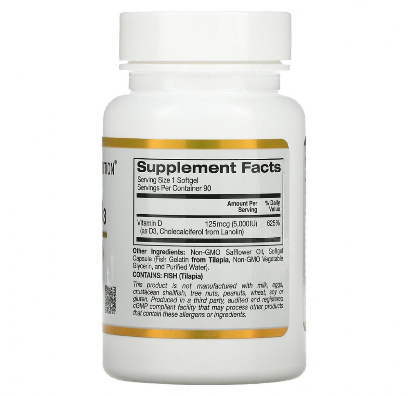 California Gold Nutrition, витамин D3, 125 мкг (5000 МЕ), 90 капсул из рыбьего желатина
