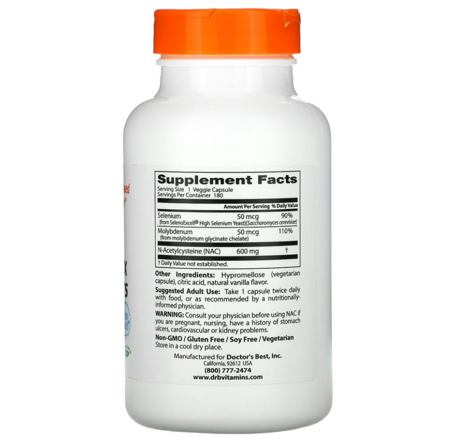 Doctor's Best, N-ацетилцистеин (NAC) для регуляции процесса детоксикации, 180 растительных капсул