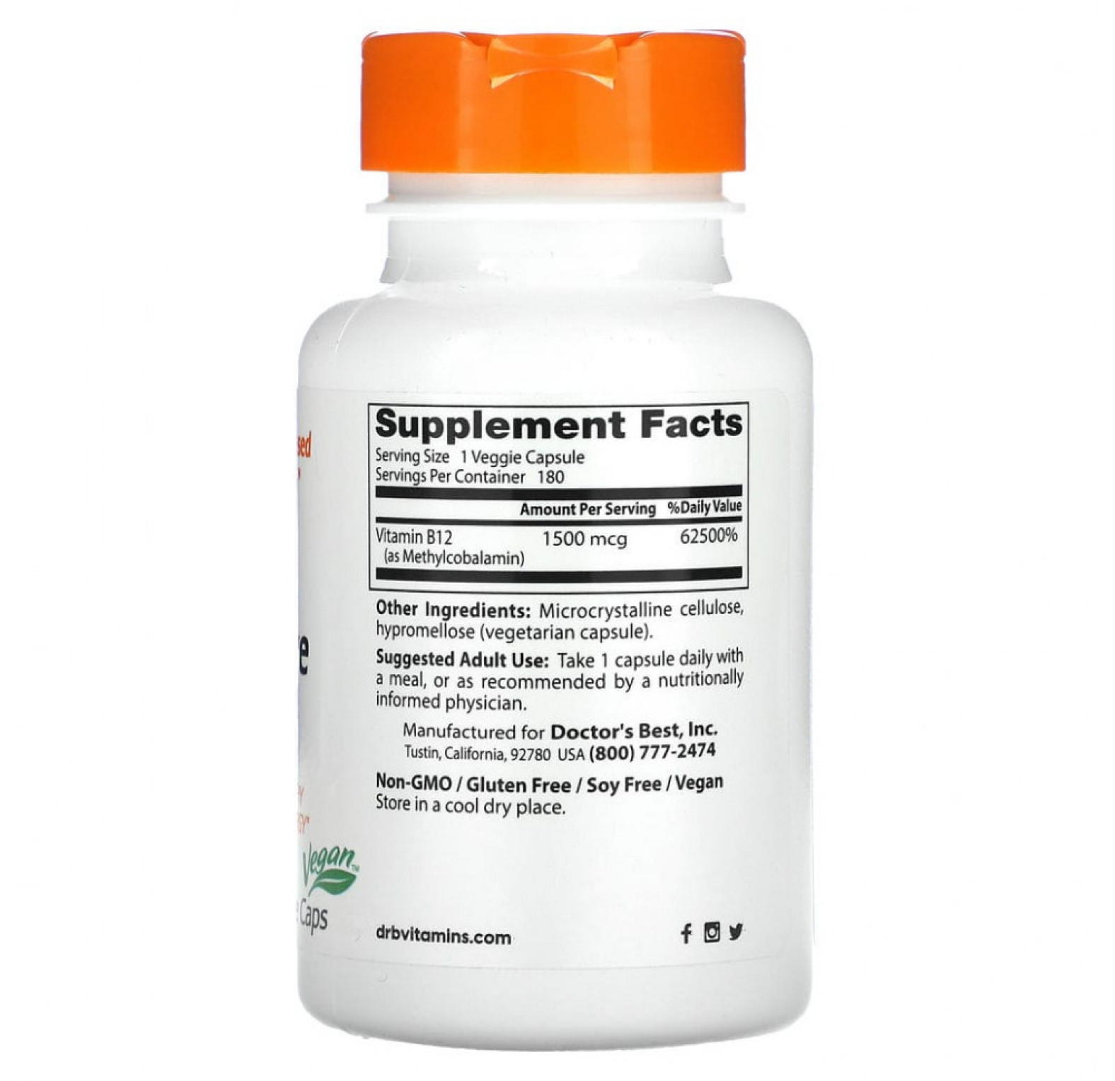 Doctor's Best, активный витамин B12, 1500 мкг, 180 вегетарианских капсул