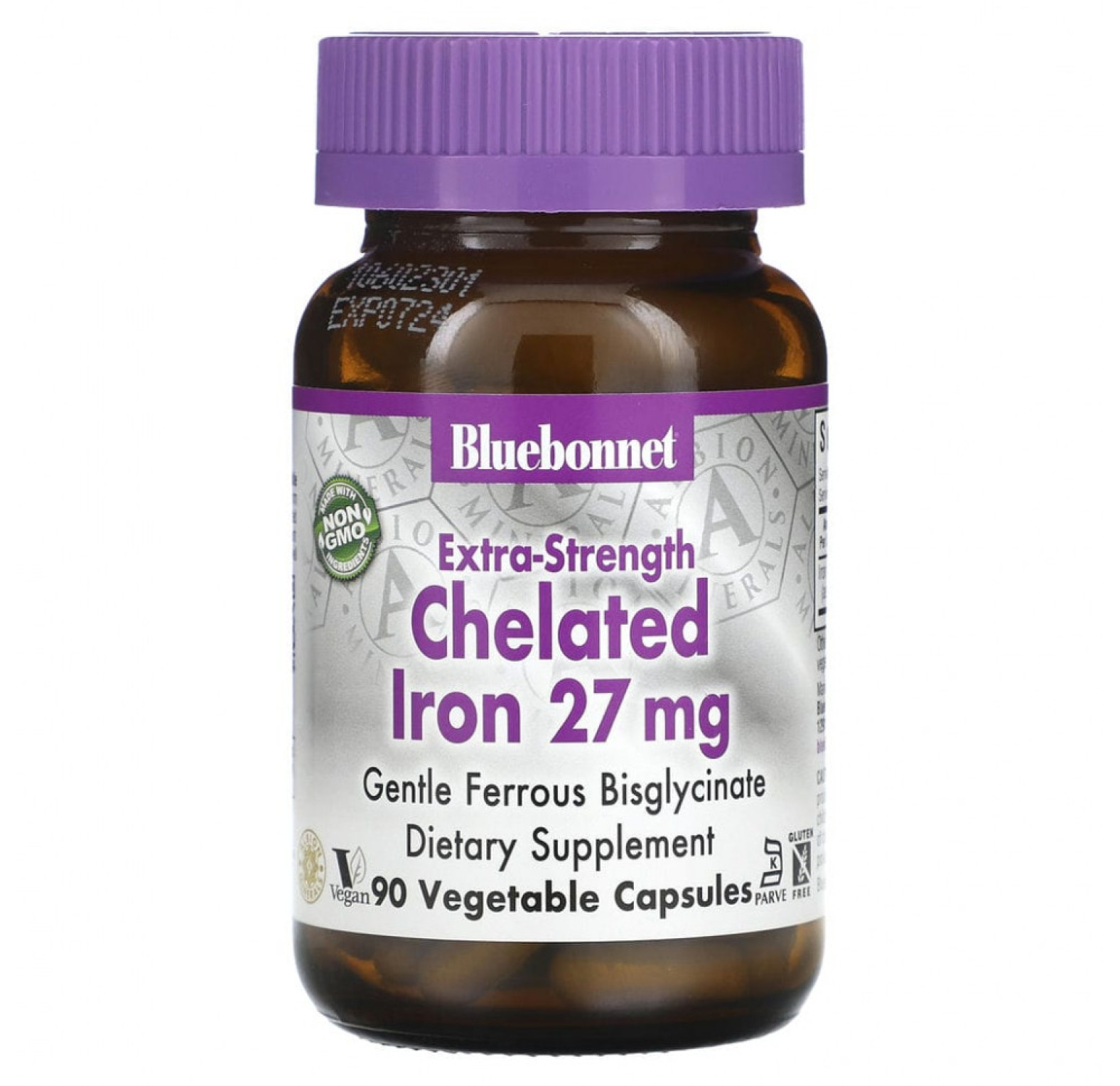 Bluebonnet Nutrition, Хелатное железо усиленного действия, 27 мг, 90 растительных капсул