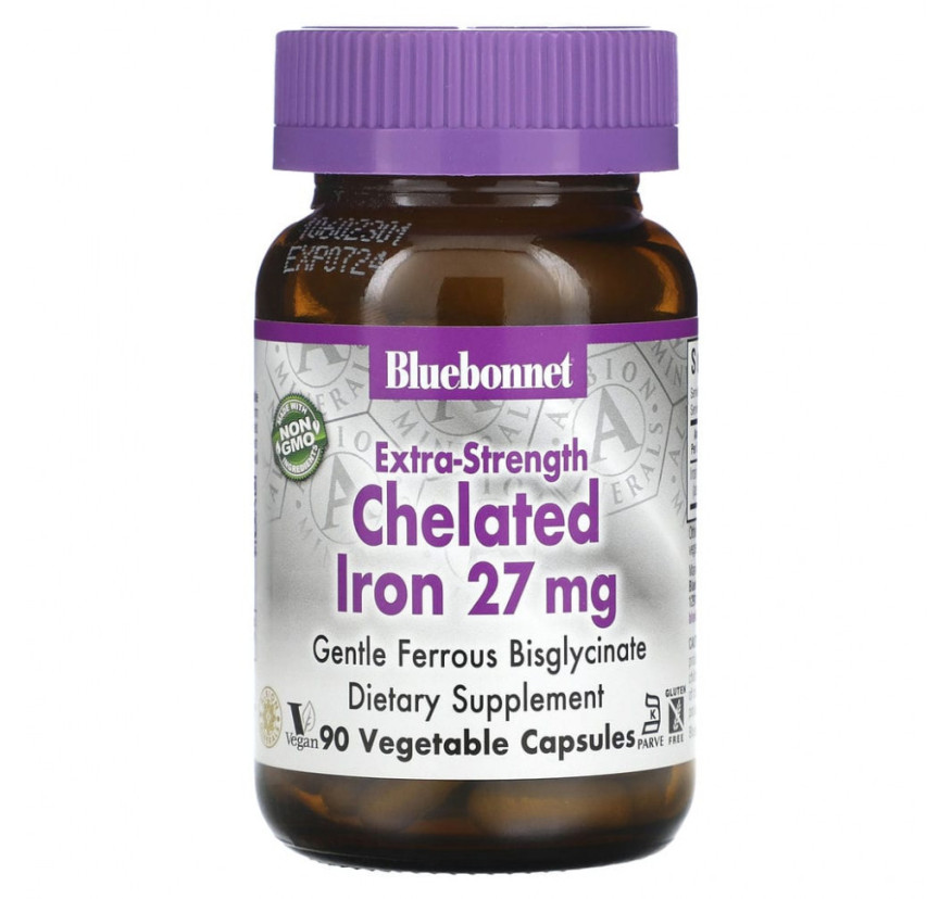 Bluebonnet Nutrition, Хелатное железо усиленного действия, 27 мг, 90 растительных капсул