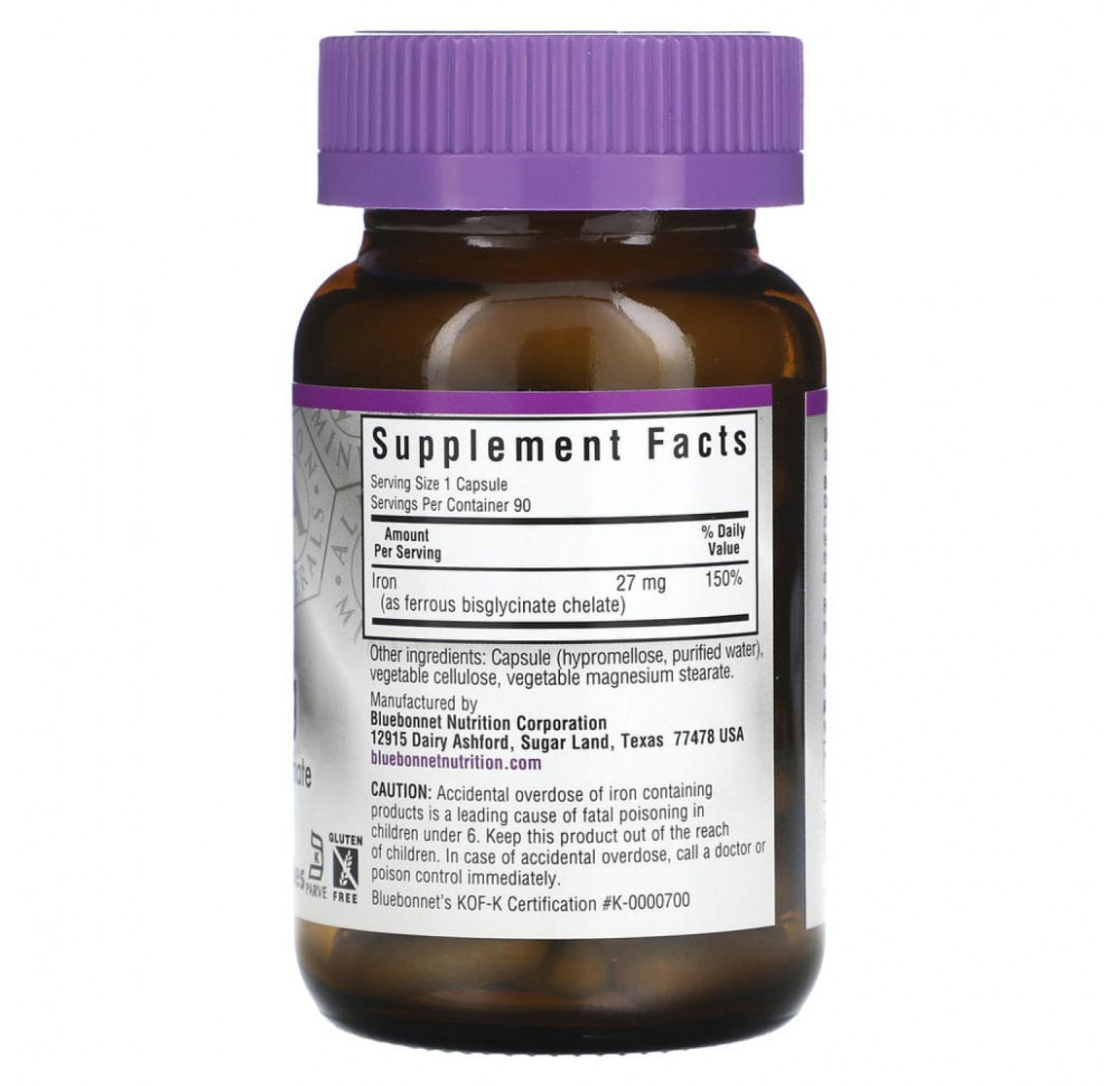 Bluebonnet Nutrition, Хелатное железо усиленного действия, 27 мг, 90 растительных капсул
