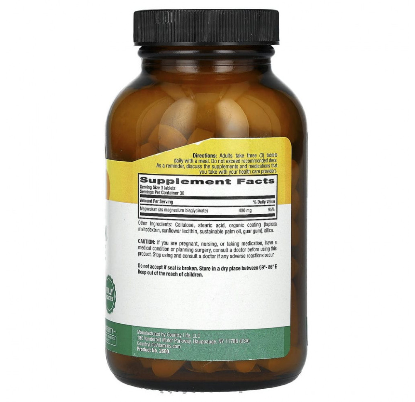 Country Life, хелатный глицинат магния, 133 мг, 90 таблеток