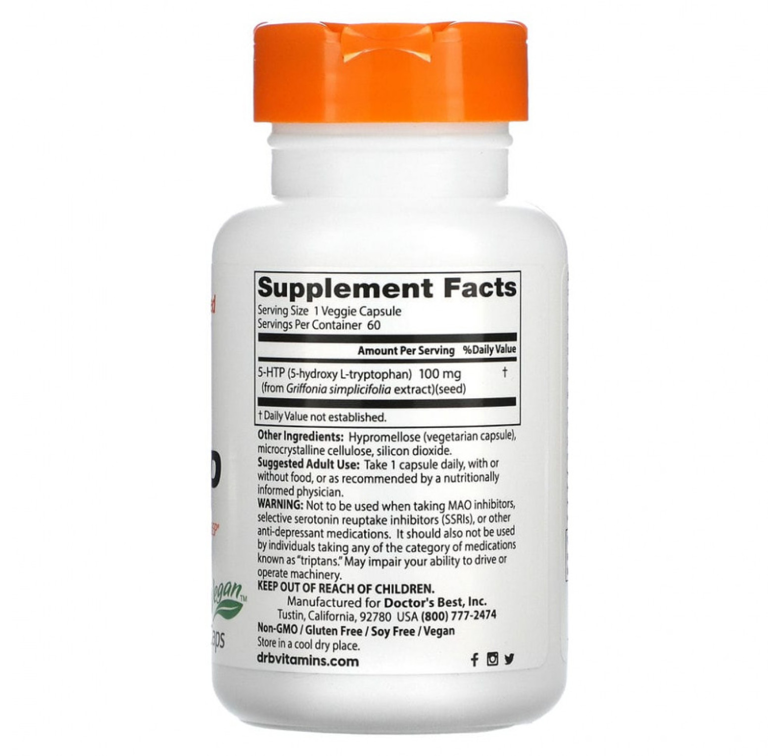 Doctor's Best, 5-гидрокситриптофан, 100 мг, 60 вегетарианских капсул
