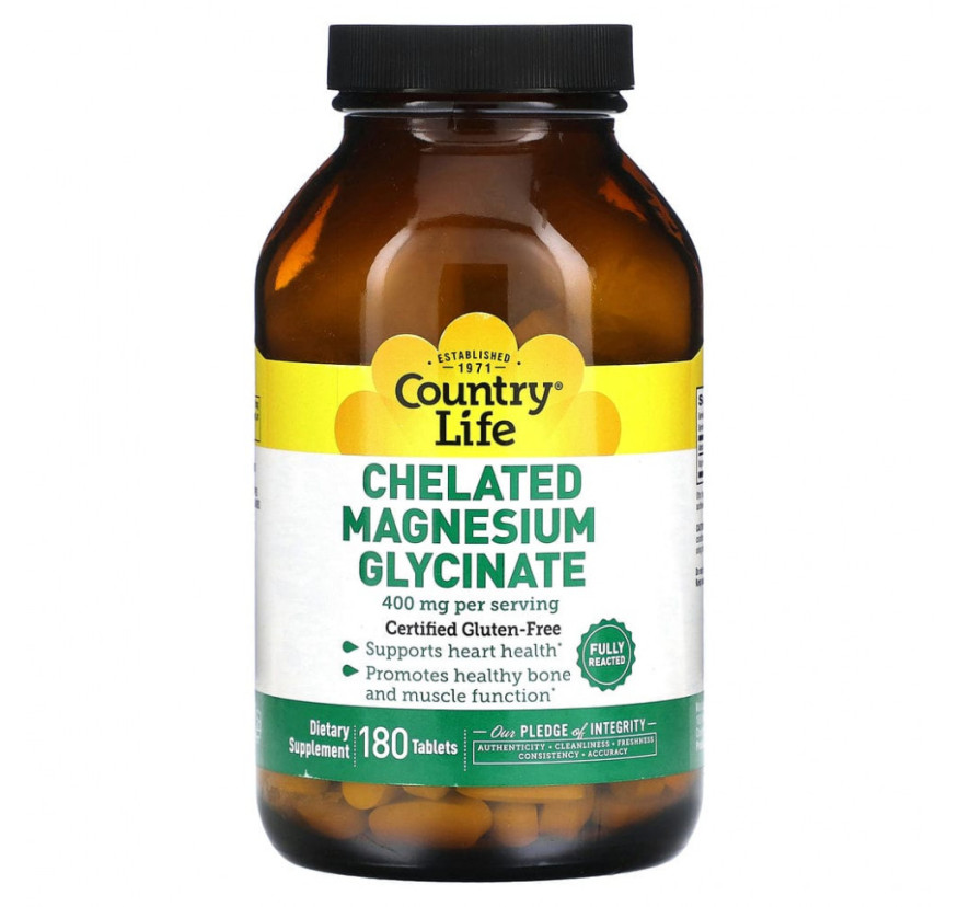 Country Life, Хелатный глицинат магния, 133 мг, 180 таблеток