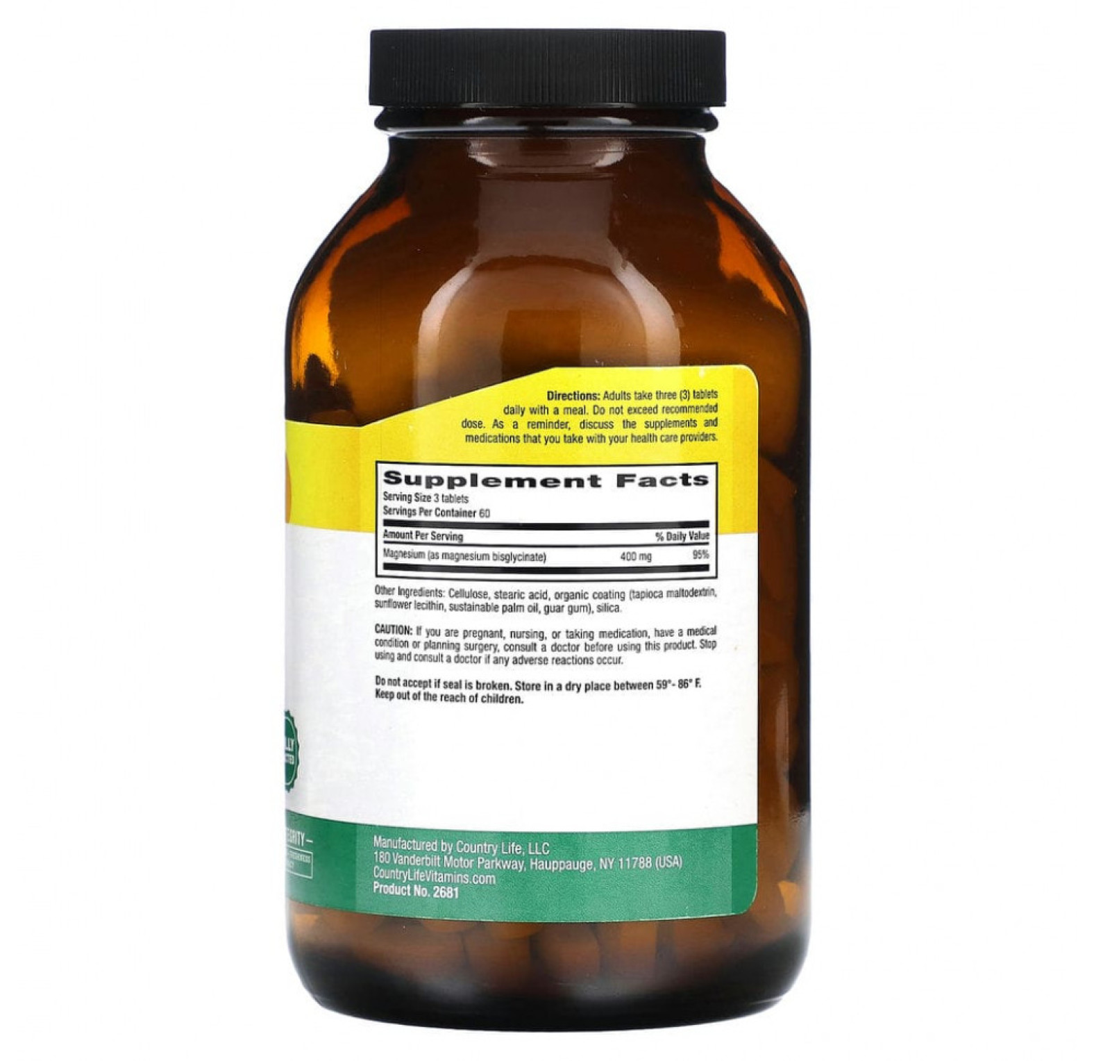 Country Life, Хелатный глицинат магния, 133 мг, 180 таблеток