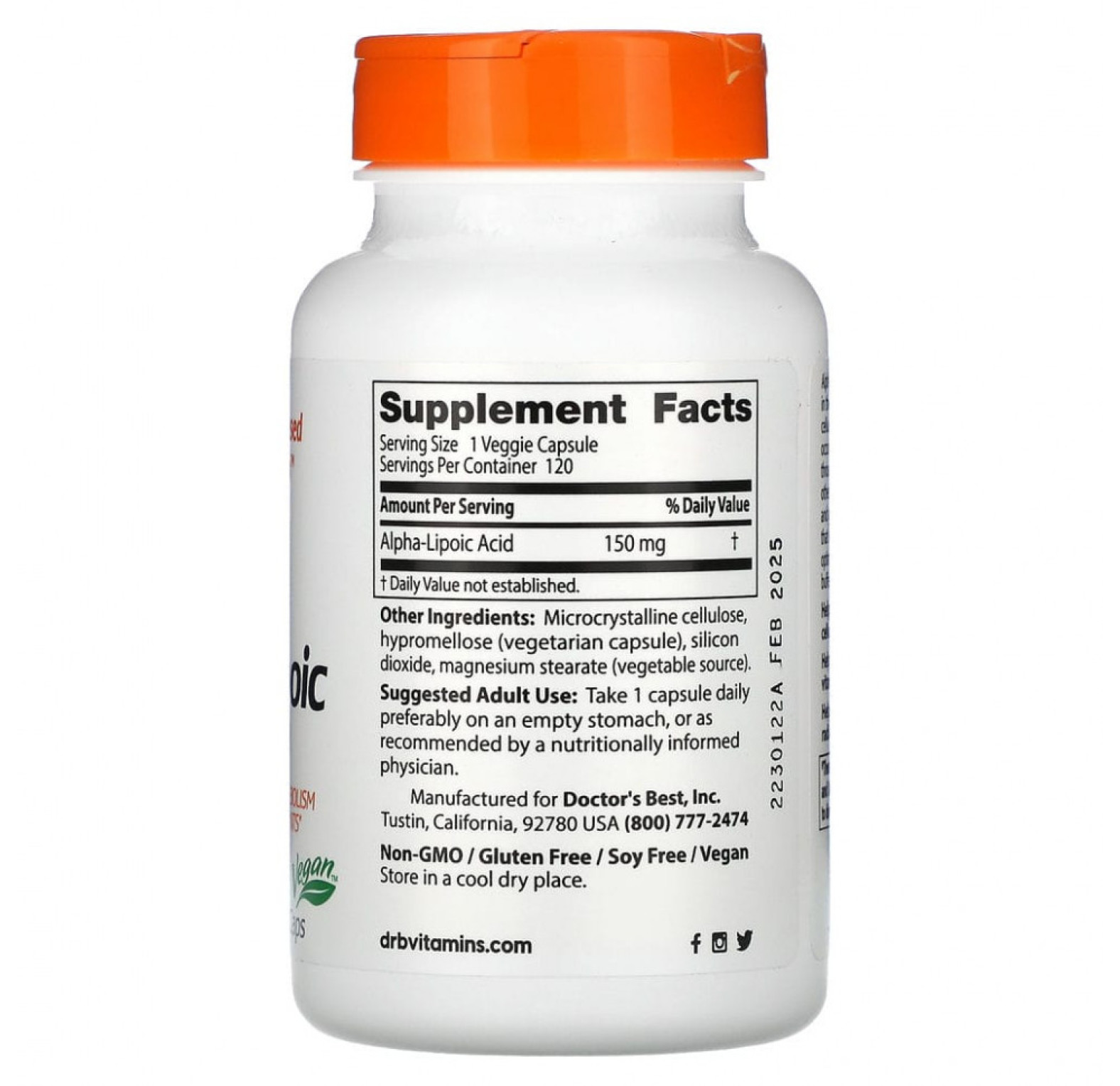 Doctor's Best, Альфа-липоевая кислота 150, 150 мг, 120 растительных капсул
