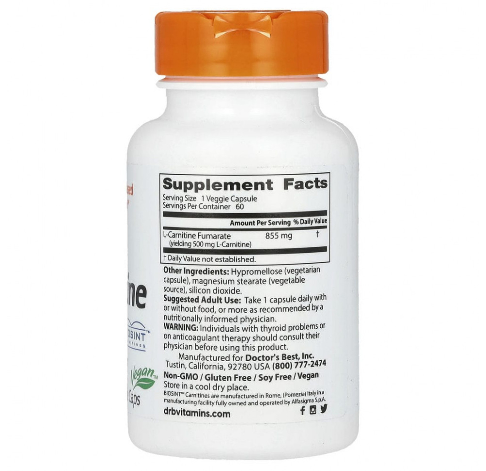 Doctor's Best, L-карнитин фумарат с карнитинами Biosint, 855 мг, 60 вегетарианских капсул