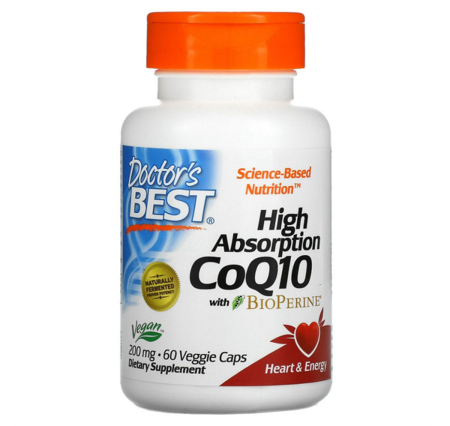 Doctor's Best, высокоусвояемый коэнзим Q10 с биоперином, 200 мг, 60 растительных капсул