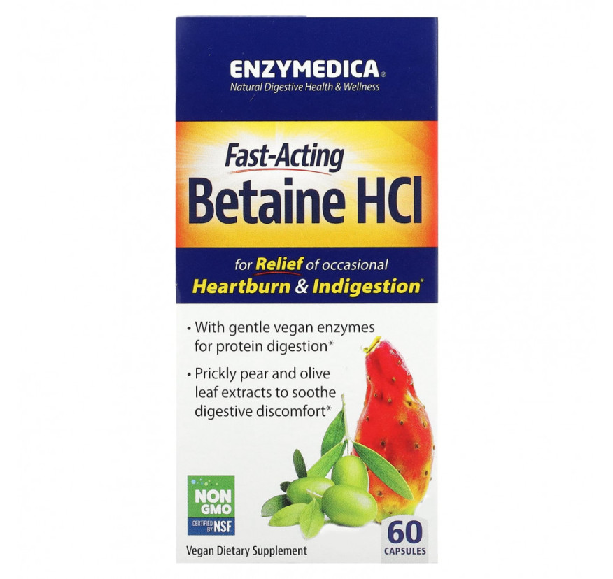 Enzymedica, Быстродействующий бетаин гидрохлорид, 60 капсул