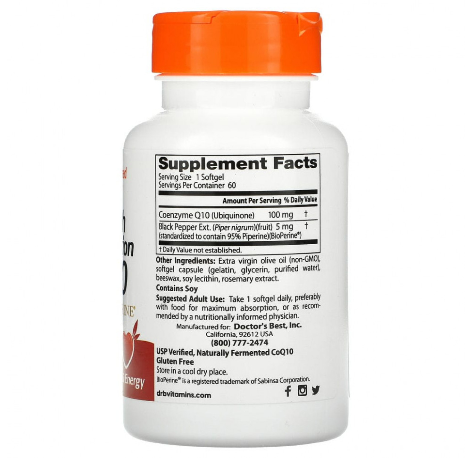 Doctor's Best, коэнзим Q10 с высокой степенью усвоения с BioPerine, 100 мг, 60 мягких таблеток
