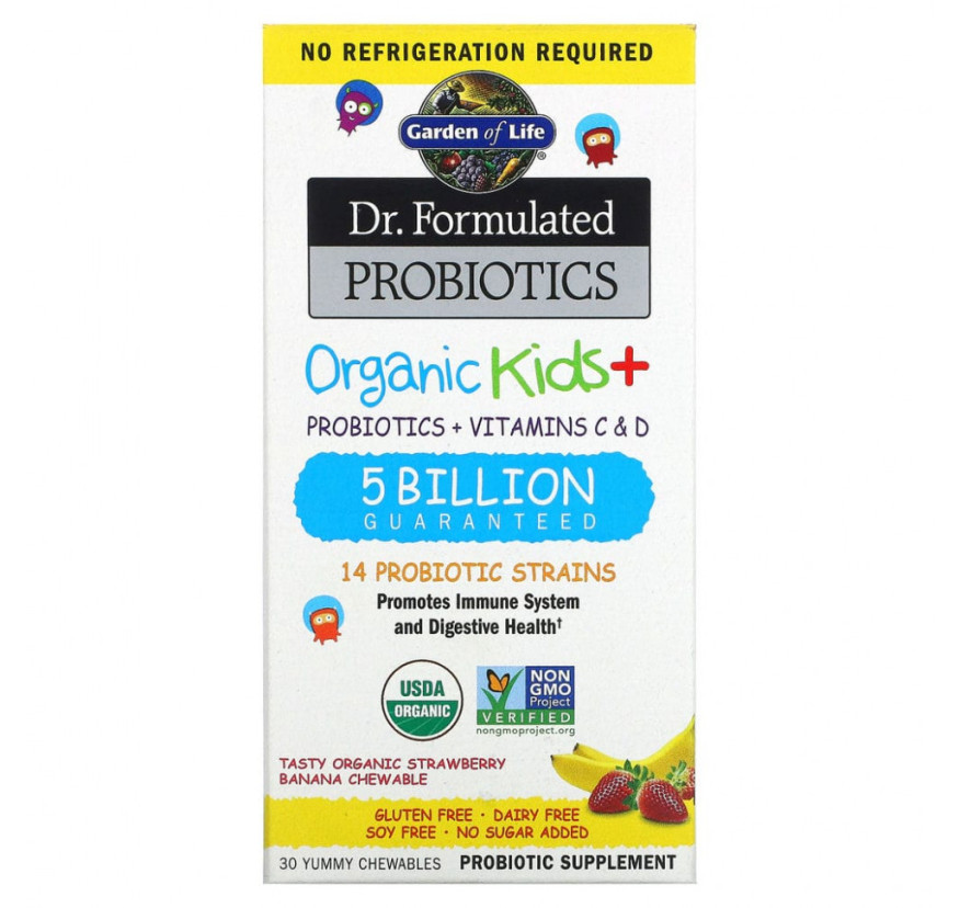 Garden of Life, Dr Formulated Probiotics, Organic Kids+, органические пробиотики для детей, вкус клубники и банана, 30 жевательных таблеток