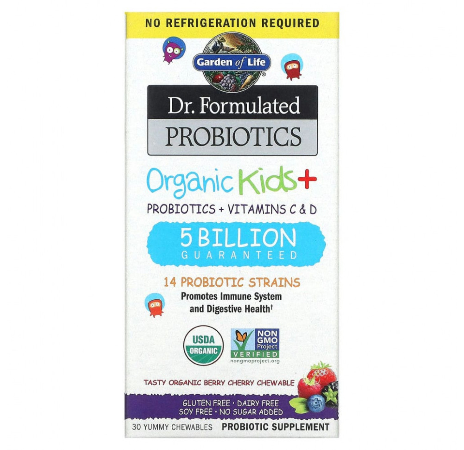 Garden of Life, Dr. Formated Probiotics, Organic Kids +, вкус ягод и вишни, 30 жевательных таблеток