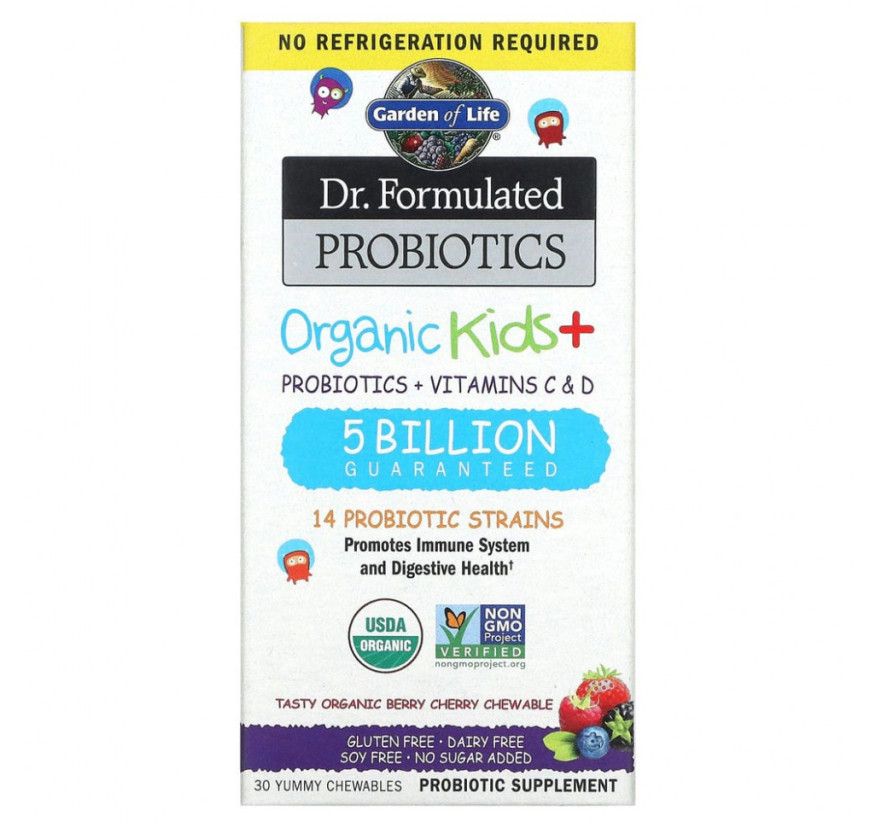 Garden of Life, Dr. Formated Probiotics, Organic Kids +, вкус ягод и вишни, 30 жевательных таблеток