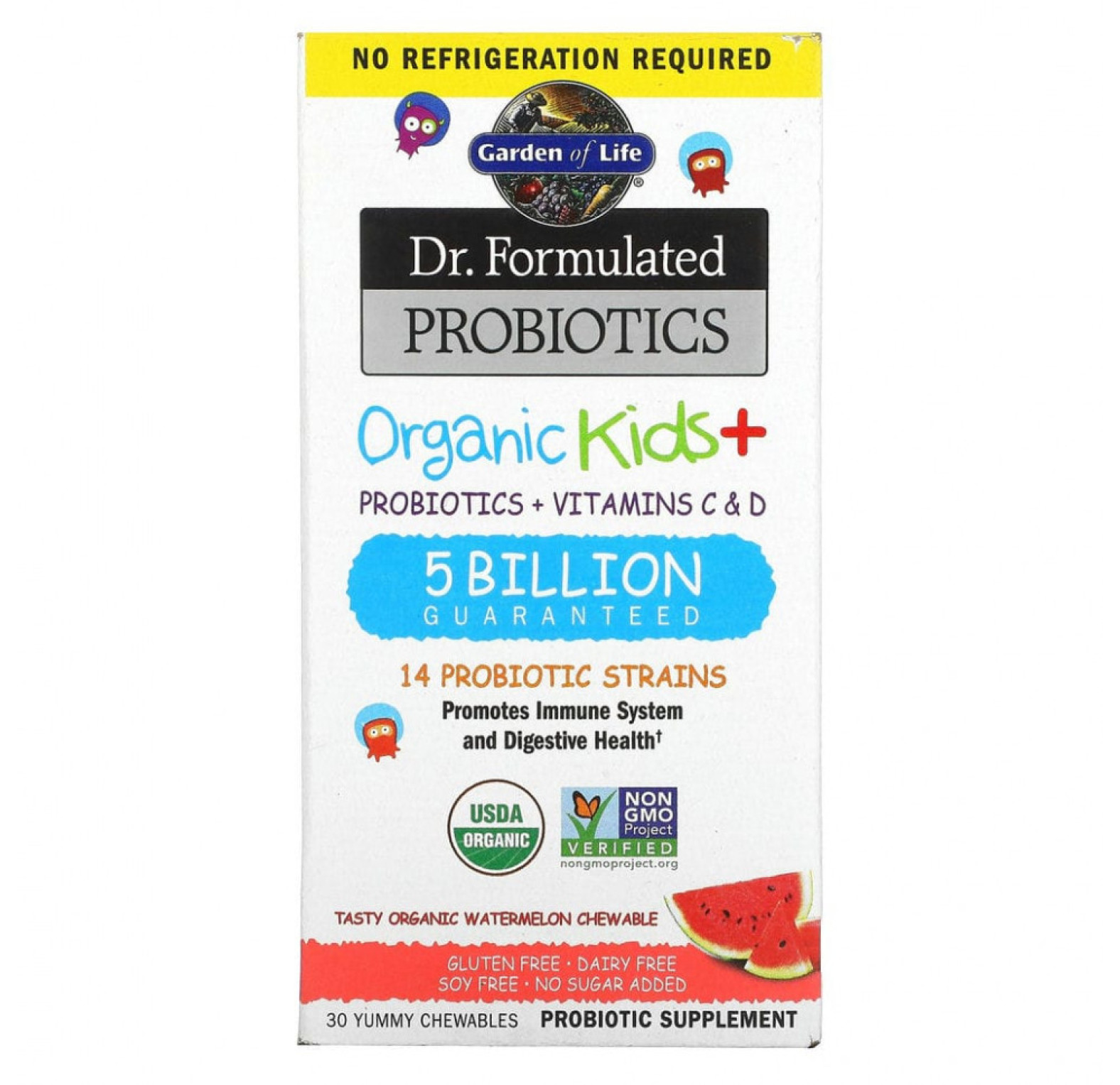 Garden of Life, Dr. Formulated Probiotics, Organic Kids +, вкус арбуза, 30 жевательных таблеток
