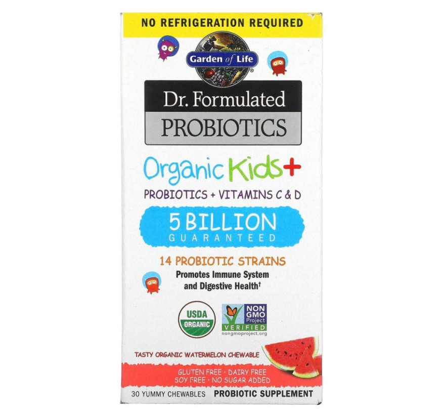 Garden of Life, Dr. Formulated Probiotics, Organic Kids +, вкус арбуза, 30 жевательных таблеток