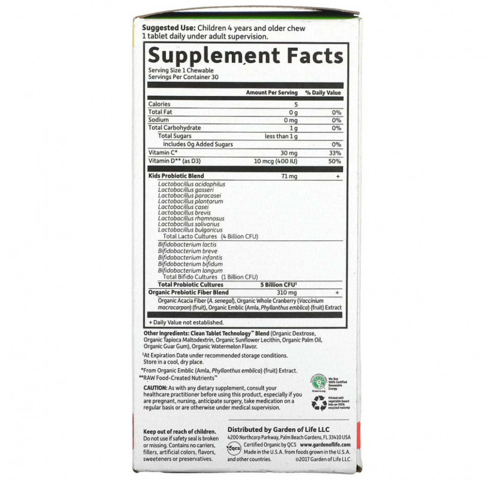 Garden of Life, Dr. Formulated Probiotics, Organic Kids +, вкус арбуза, 30 жевательных таблеток